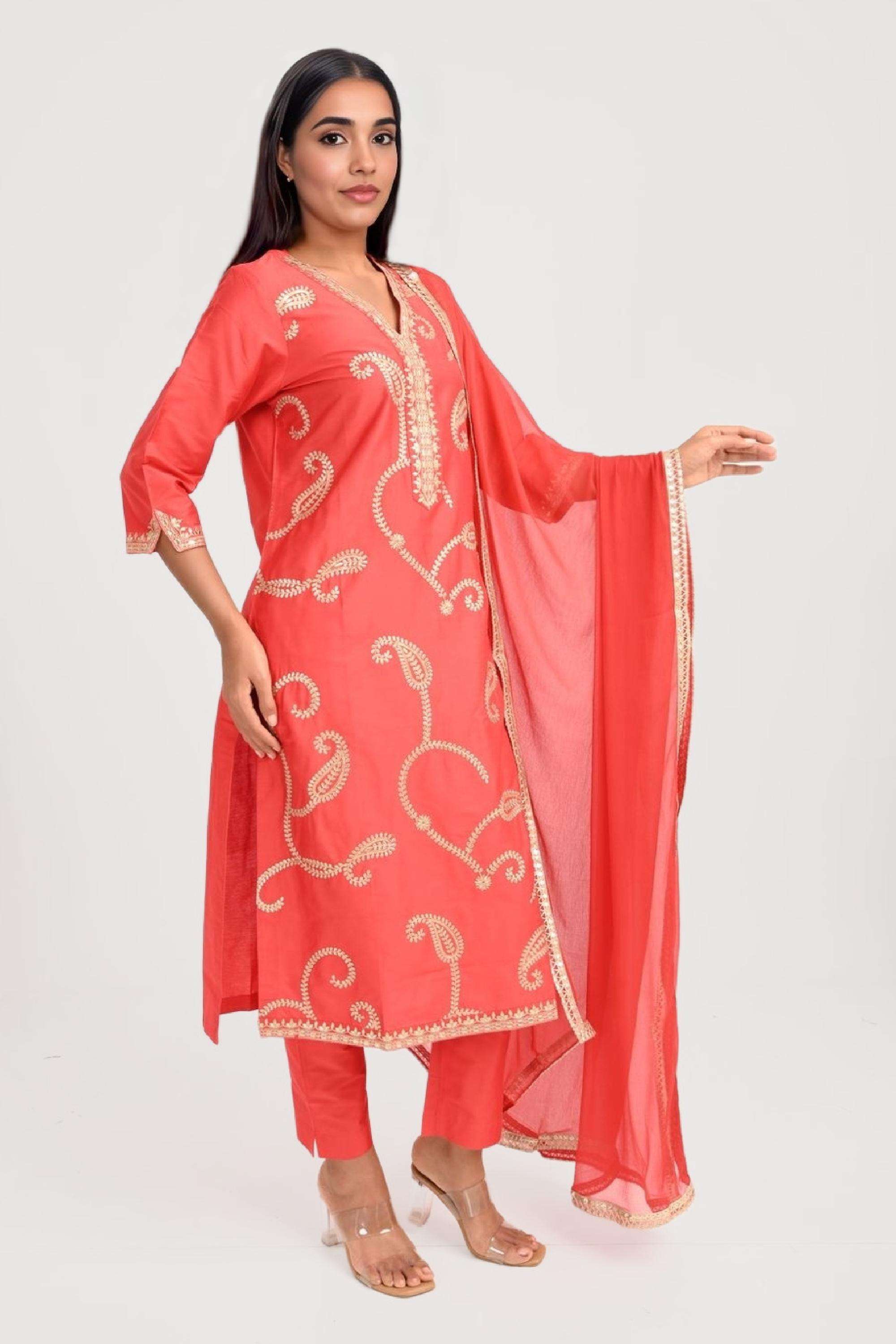 Embroidered-V-Neck-Viscose-Women-Kurta-Set