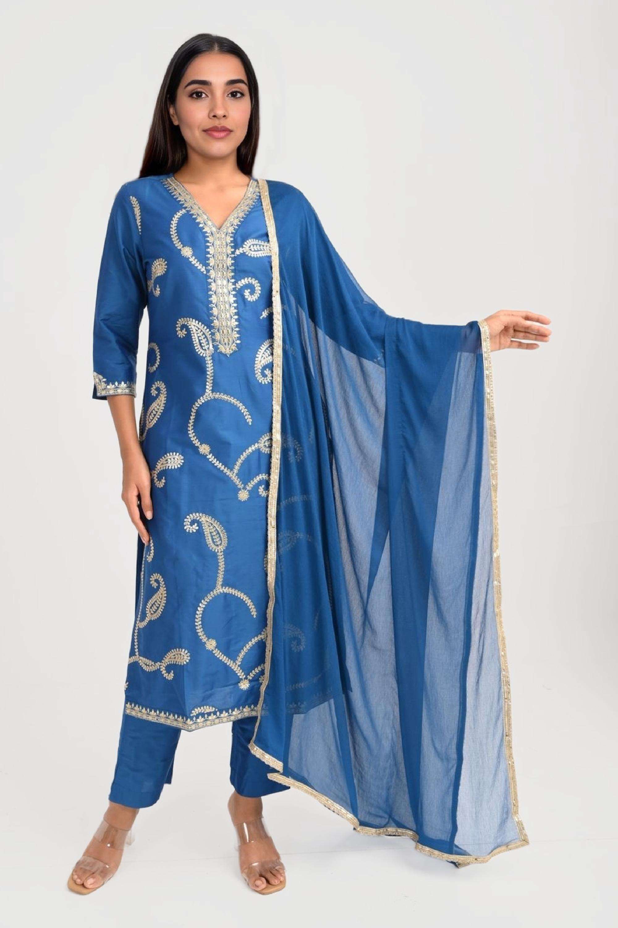 Embroidered-V-Neck-Viscose-Women-Kurta-Set