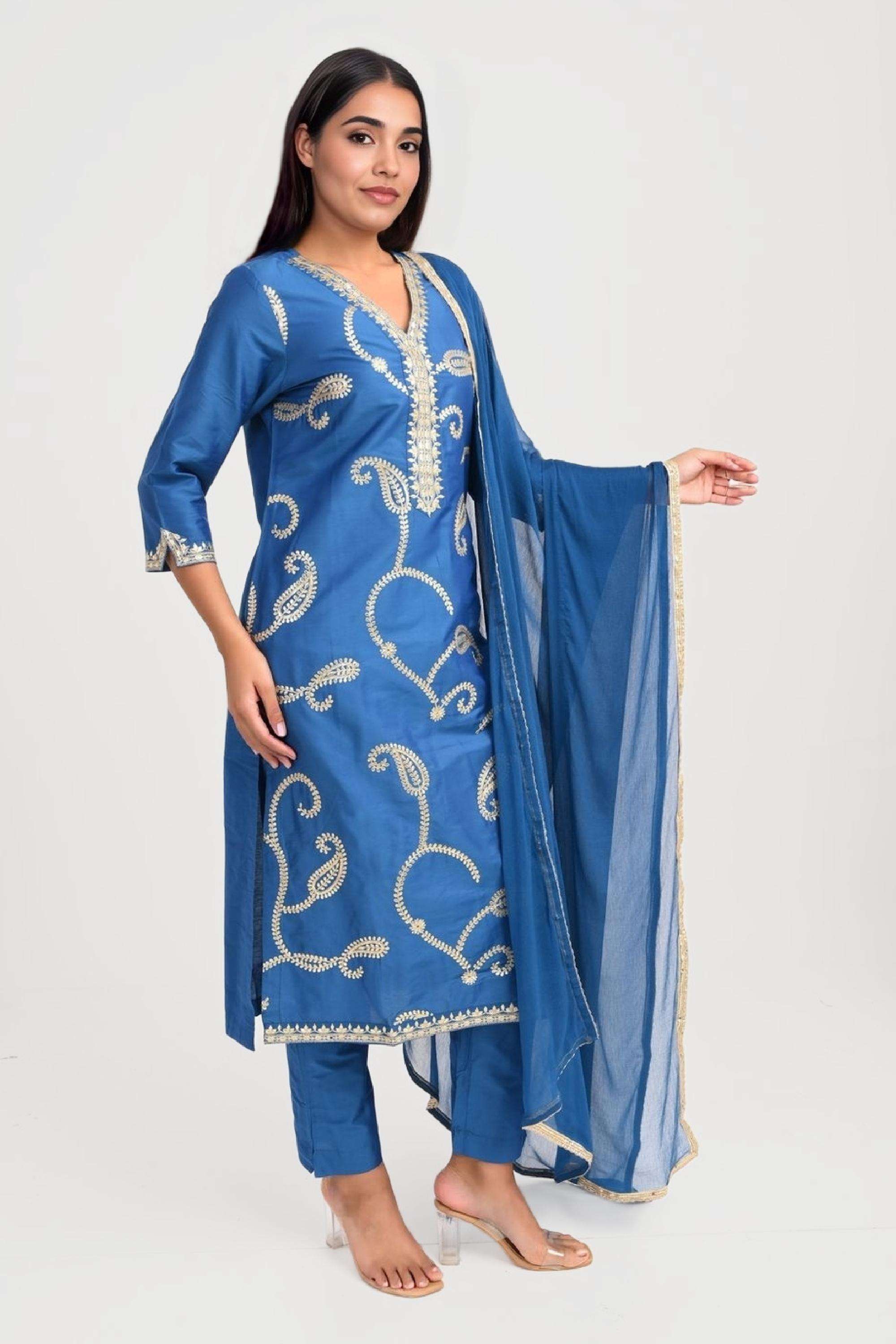 Embroidered-V-Neck-Viscose-Women-Kurta-Set