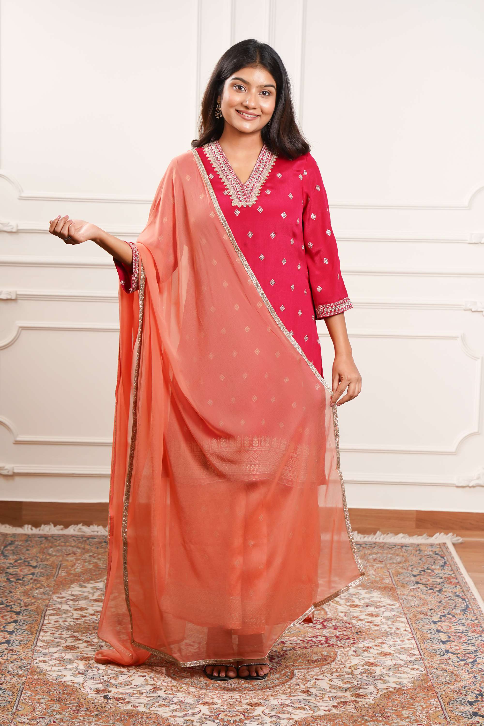 Embellished-Blended-Fabric-Y-Neck-Women-Casual-Wear-Kurta-Set