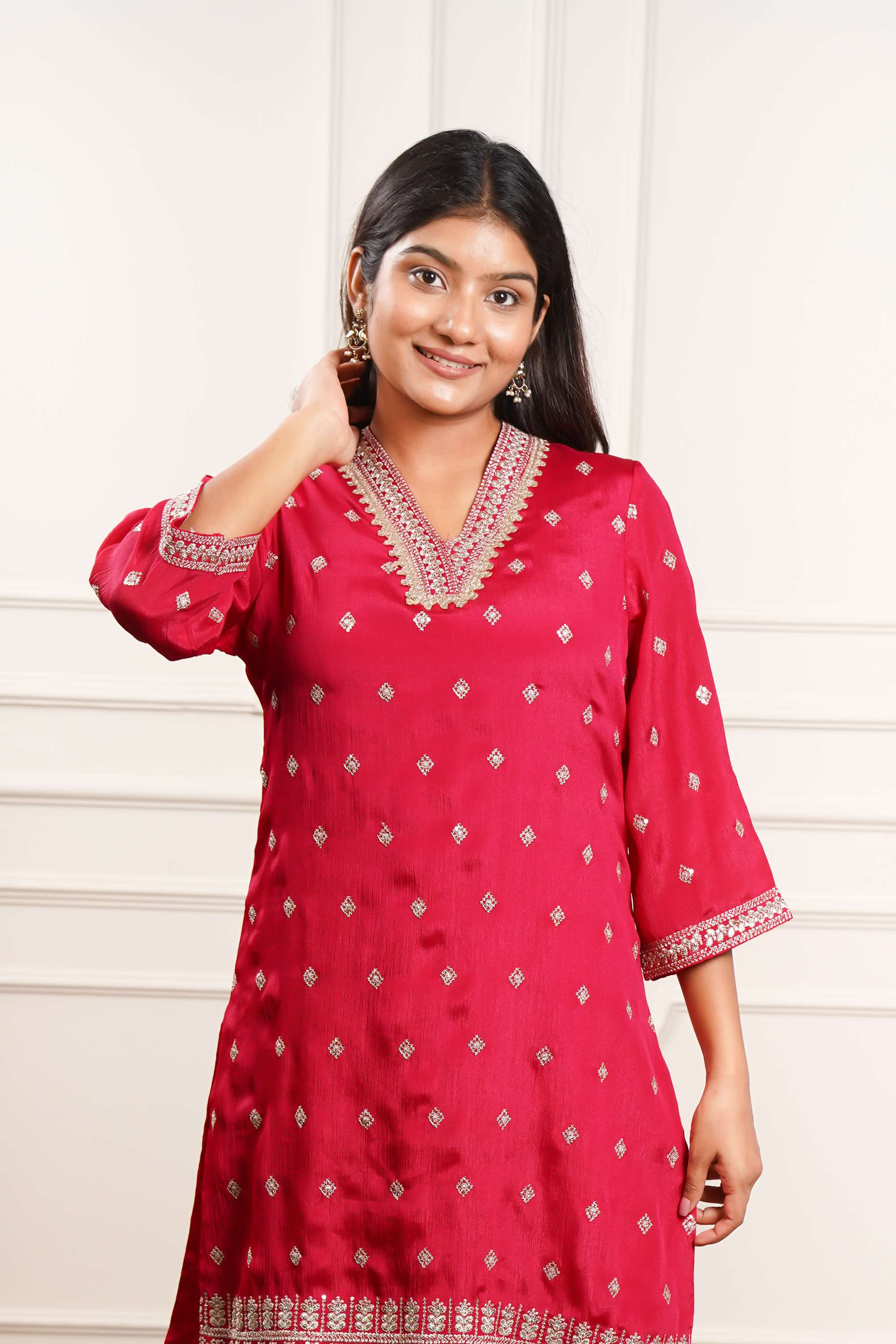 Embellished-Y-Neck-Blended-Fabric-Women-Kurta-with-Sharara-and-Dupatta