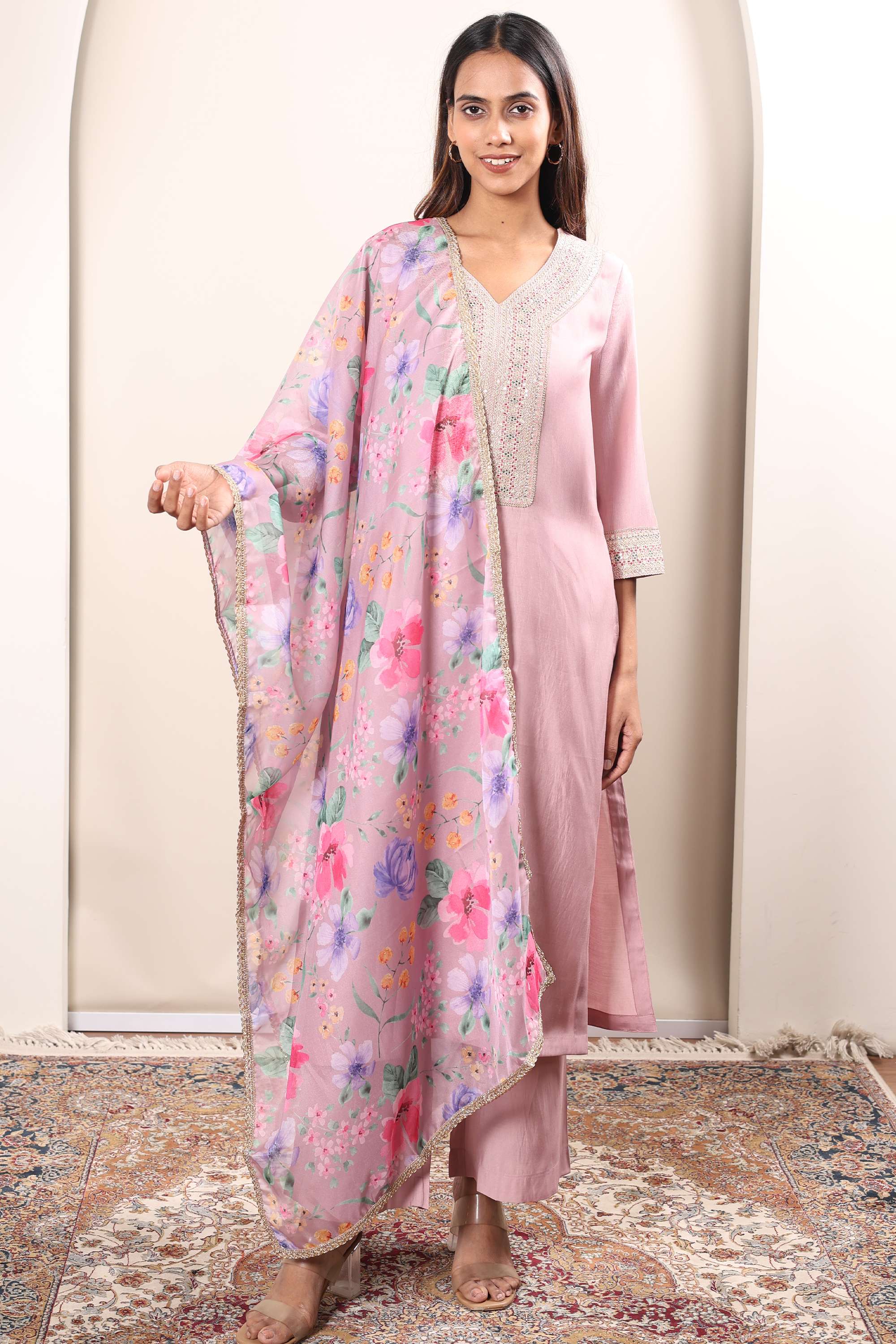 Embroidered-Calf-Length-Chanderi-Woven-Women-s-Kurta-Set