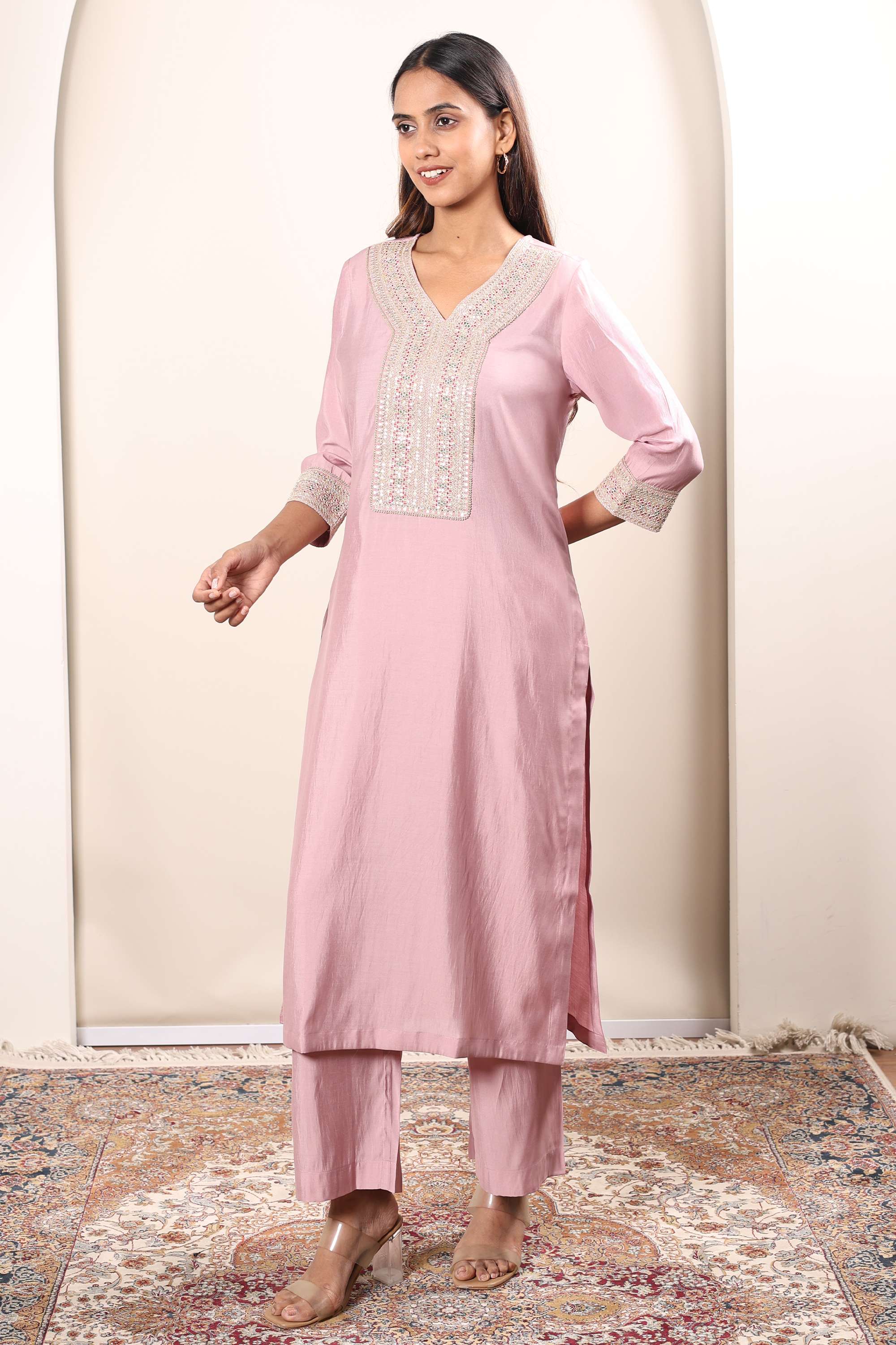 Embroidered-Calf-Length-Chanderi-Woven-Women-s-Kurta-Set