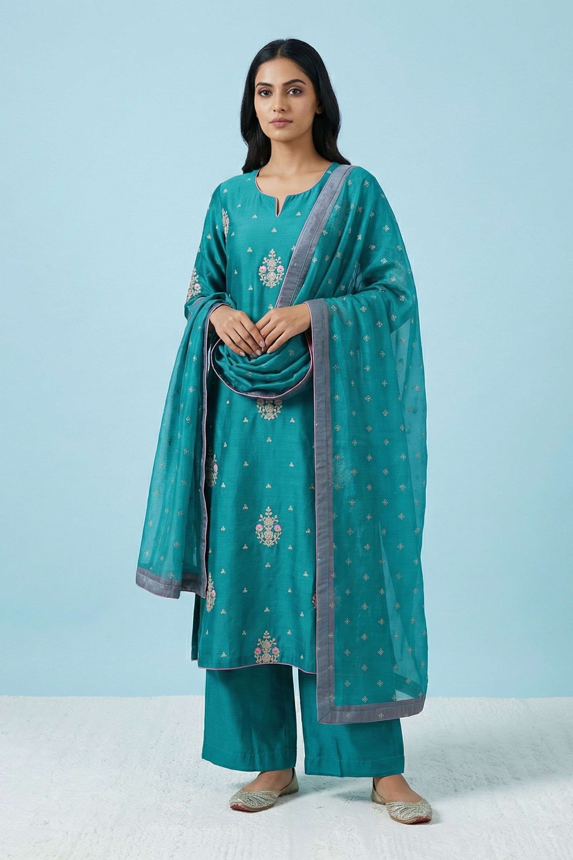 Embroidered-Y-Neck-Blended-Fabric-Women-Kurta-with-Palazzo-and-Dupatta