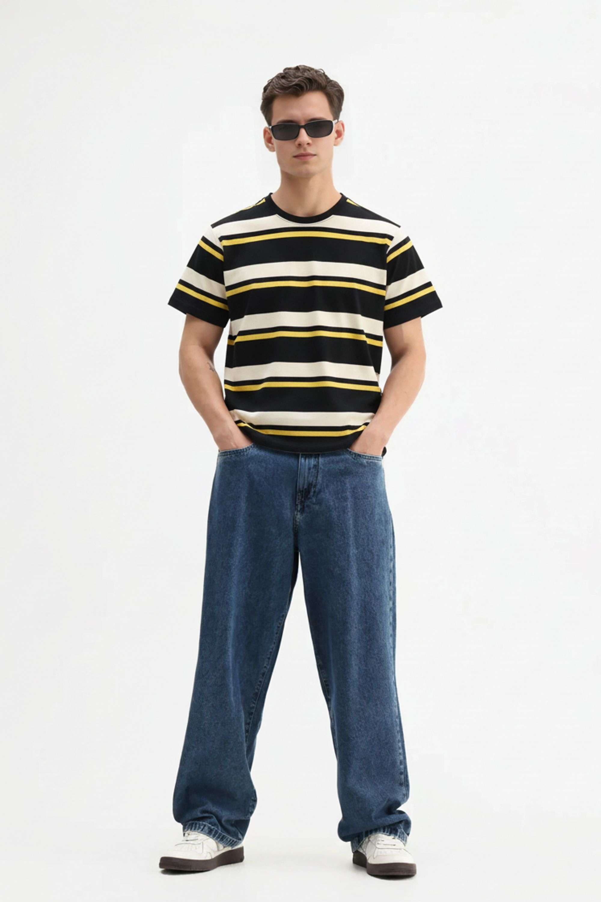 Stripes-Blended-Fabric-Round-Neck-Men-s-T-Shirt