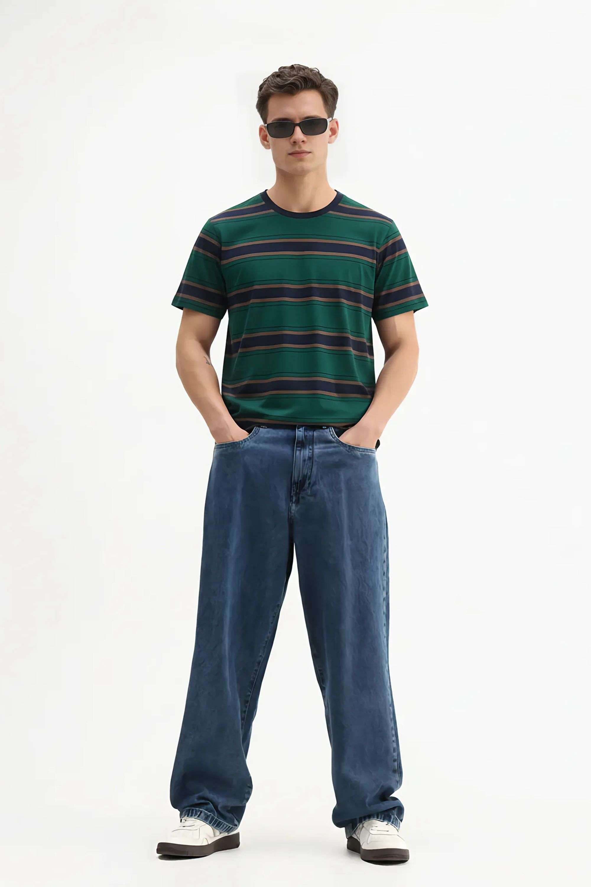 Stripes-Blended-Fabric-Round-Neck-Men-s-T-Shirt