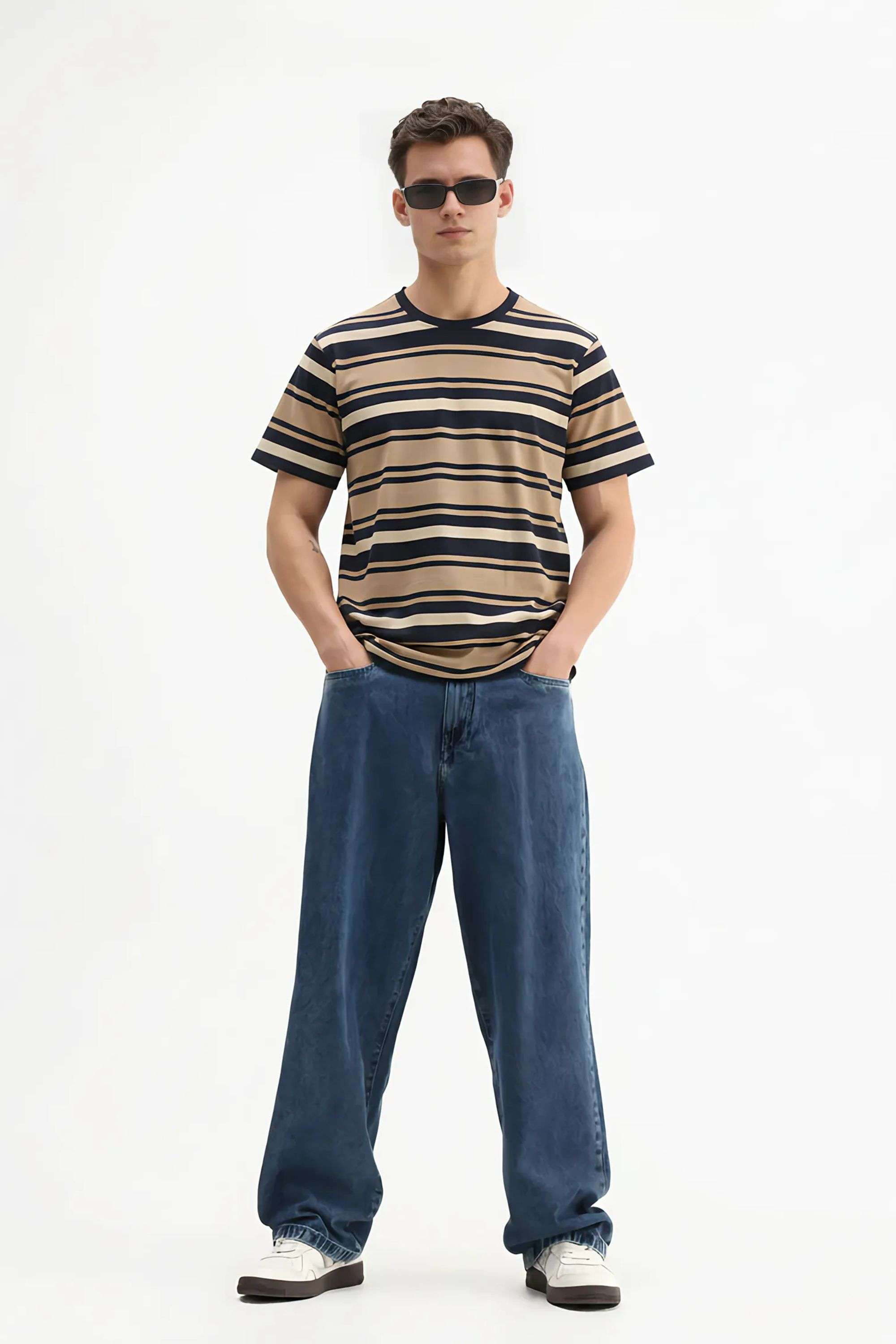 Stripes-Blended-Fabric-Round-Neck-Men-s-T-Shirt