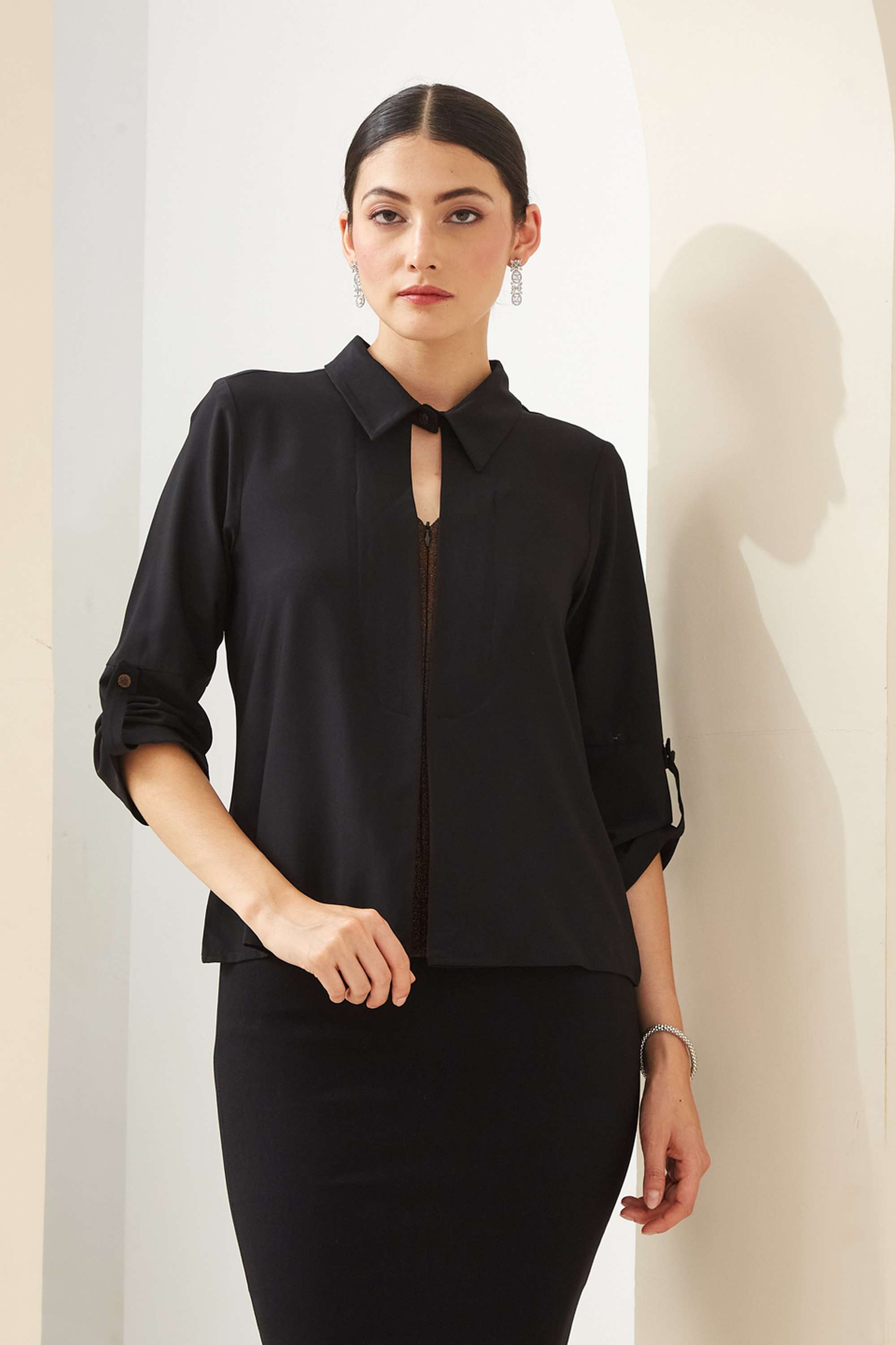 Solid-Polyester-Collared-Regular-Fit-Casual-Wear-Women-Top