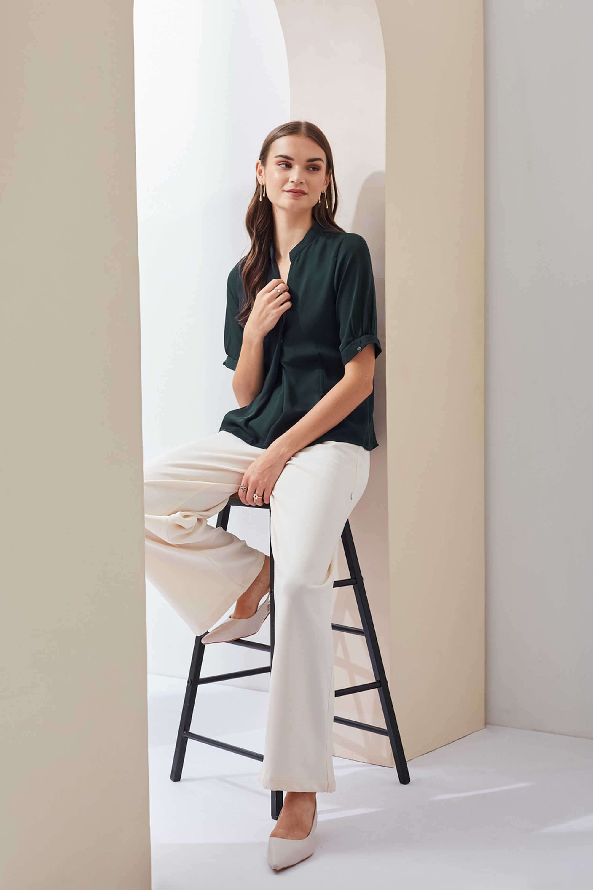 Solid-Polyester-Collared-Women-Top