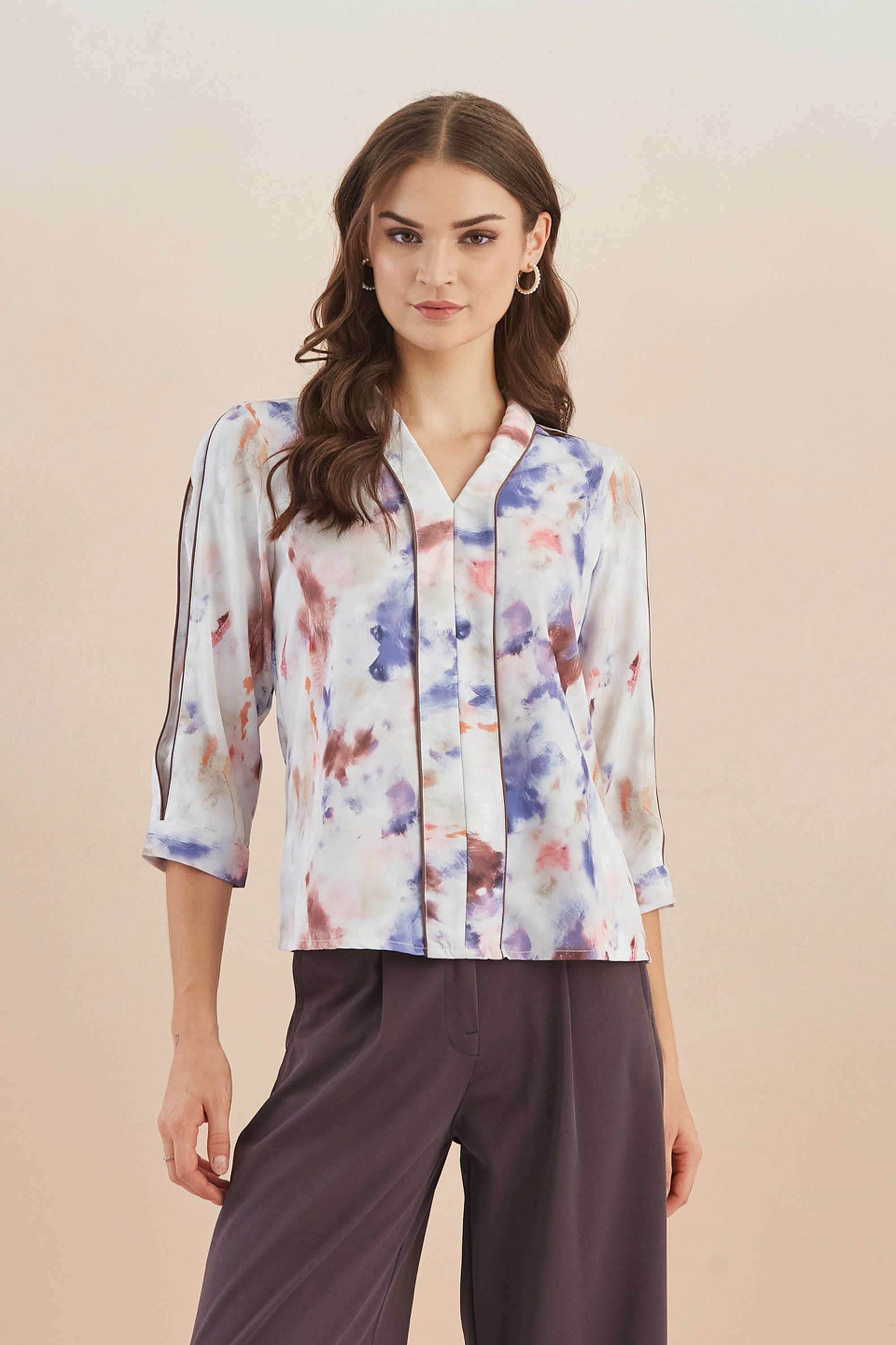 Tie-&-Dye-Polyester-V-Neck-Women-Top
