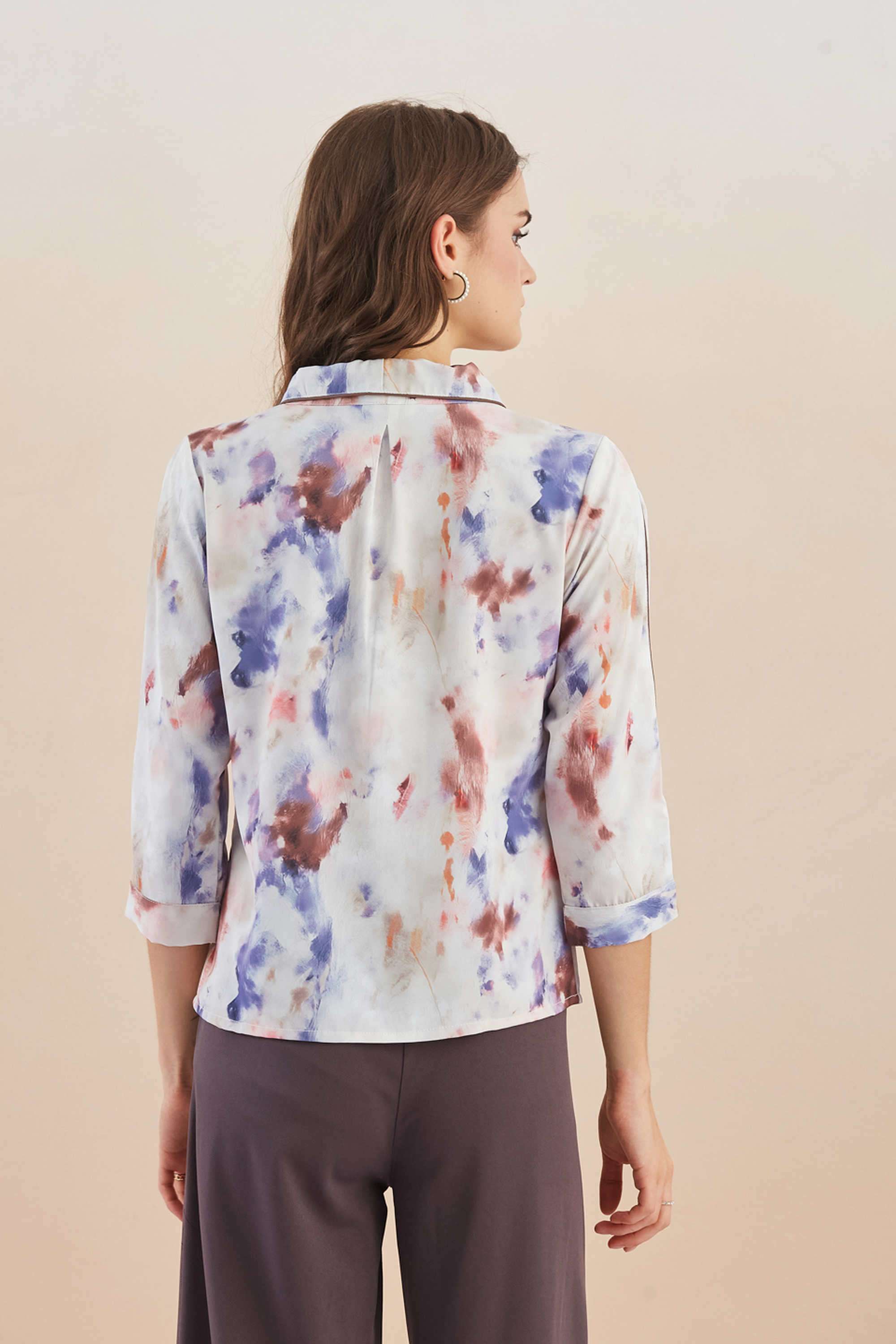 Tie-&-Dye-Polyester-V-Neck-Women-Top