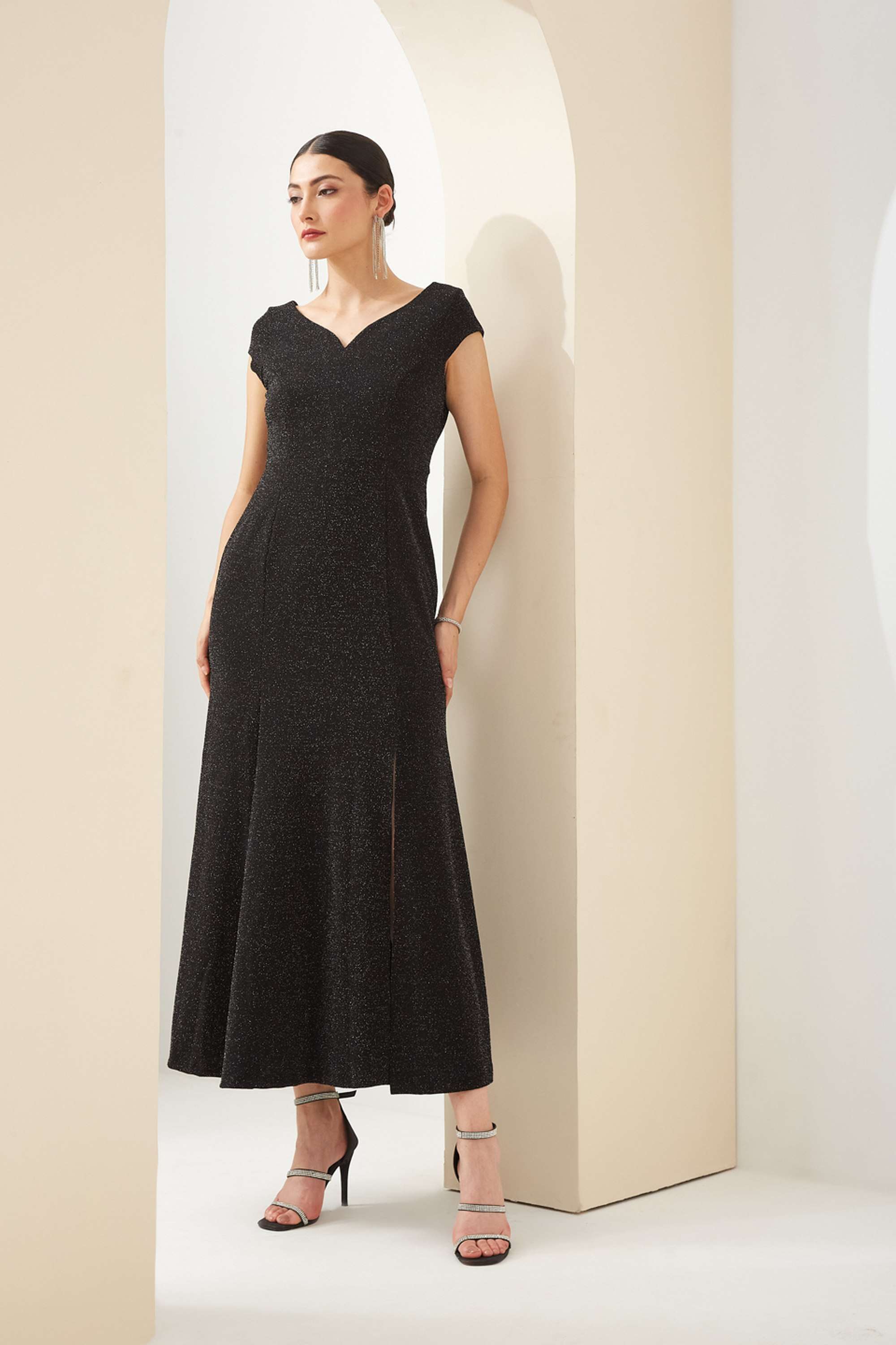 Solid-Polyester-Sweetheart-Neck-Short-Sleeves-Party-Wear-Women-Dress