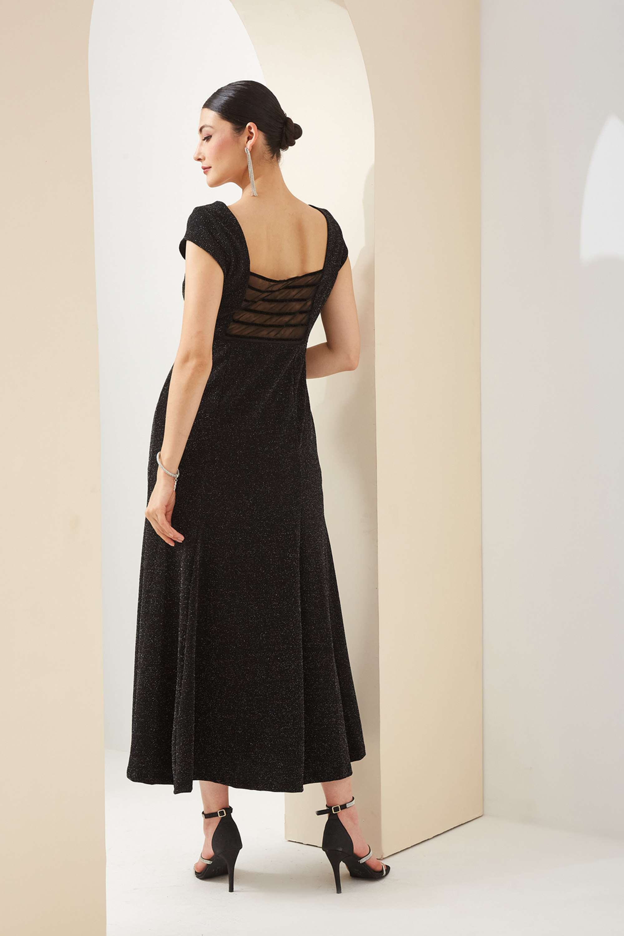 Solid-Polyester-Sweetheart-Neck-Short-Sleeves-Party-Wear-Women-Dress