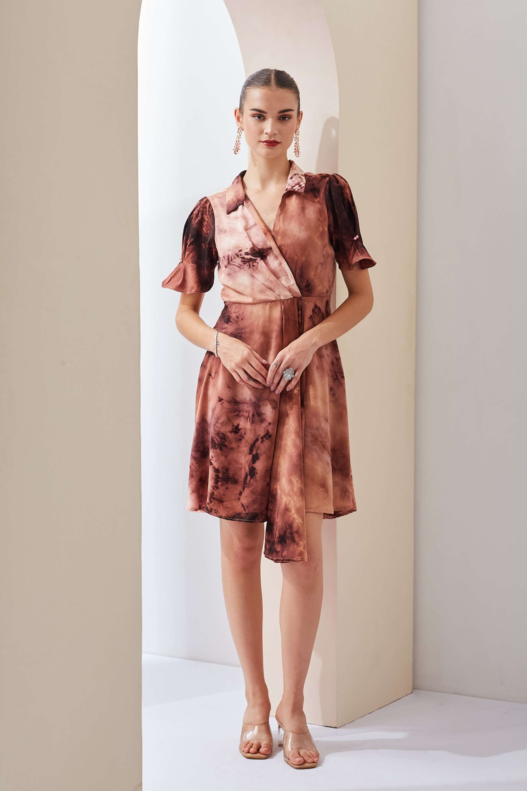 Tie-&-Dye-Collared-Polyester-Women-s-Above-Knee-Dress