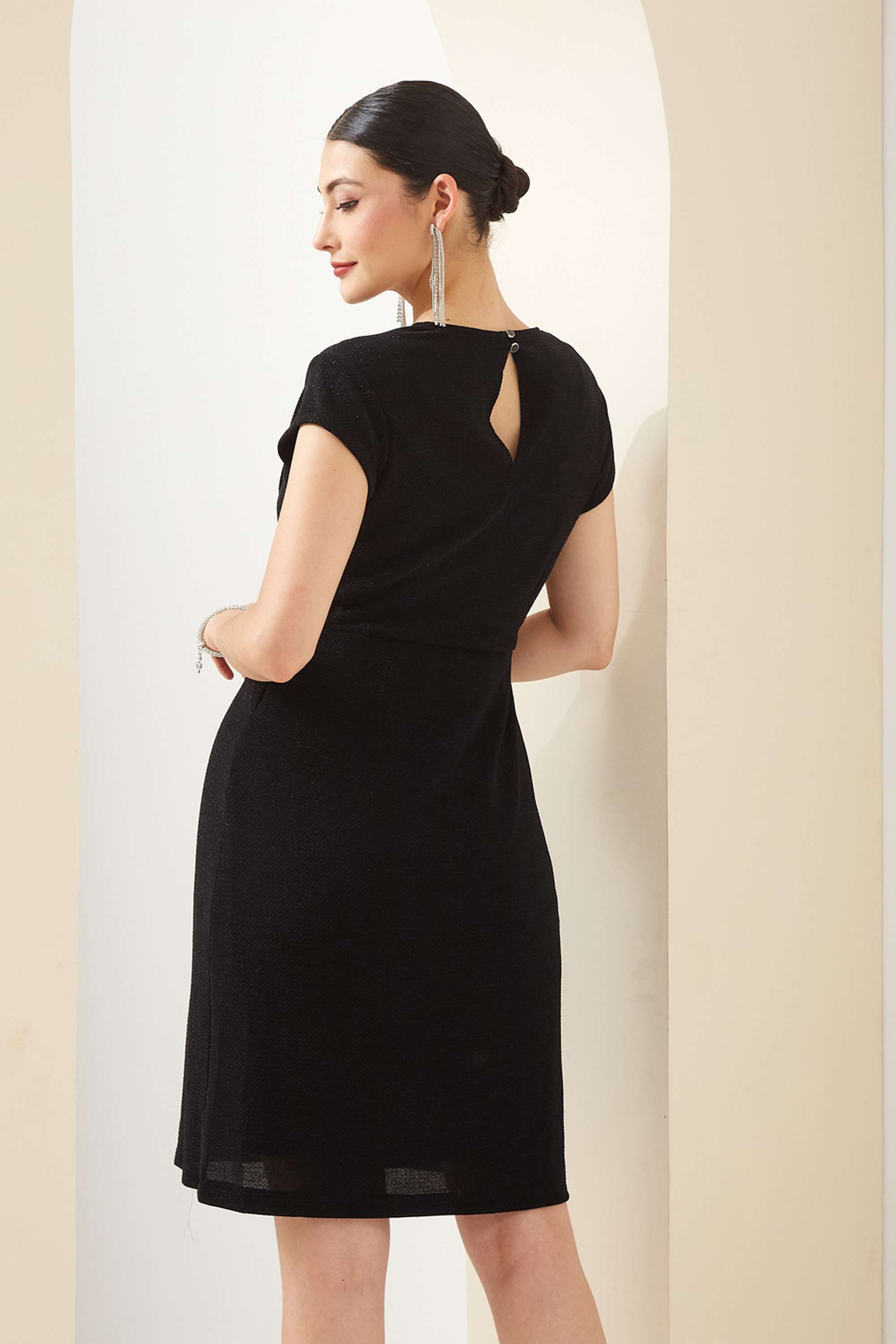 solid-Nylon-V-Neck-Short-Sleeves-Party-Wear-Women-Dress