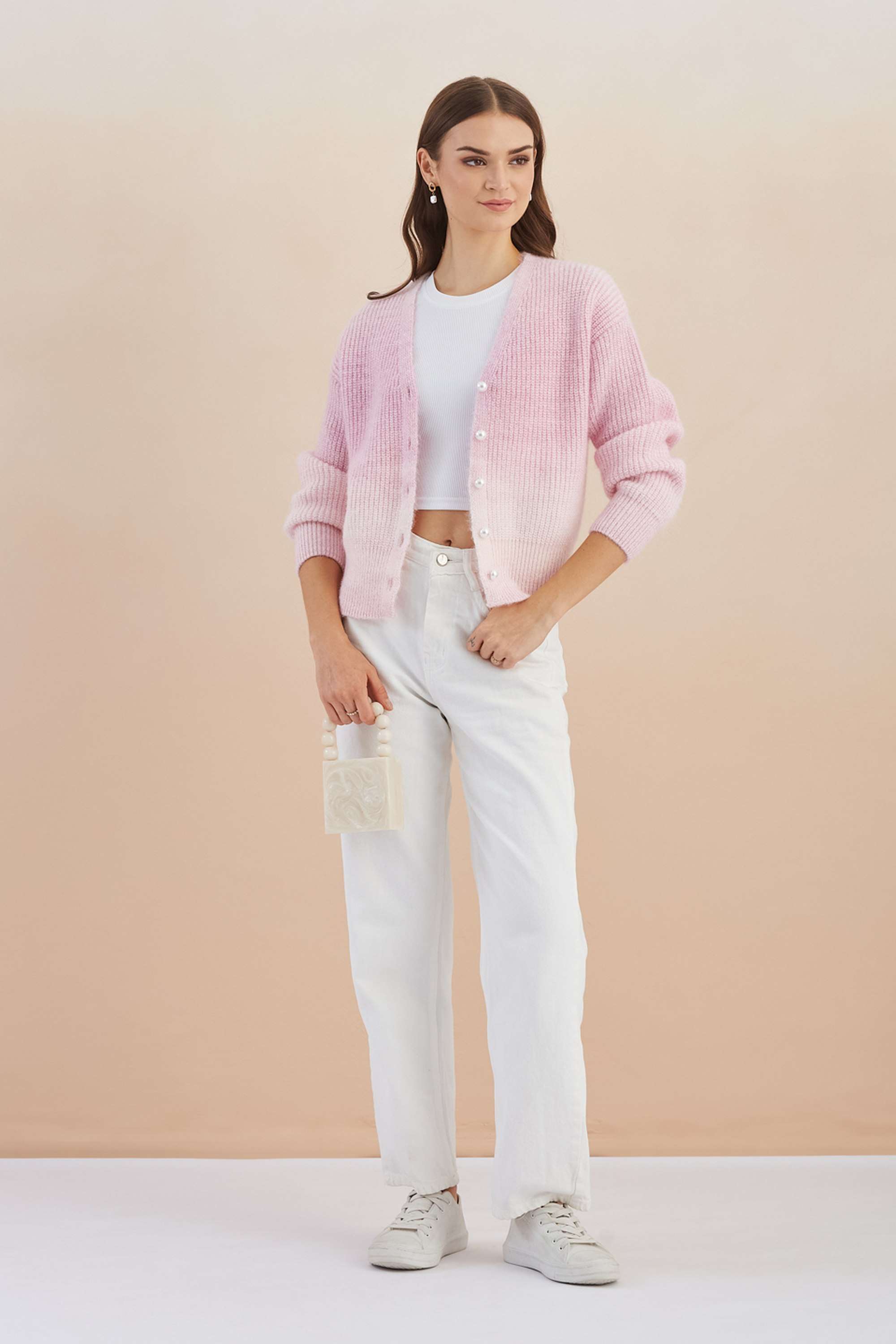 Buy Latin Quarters Pink Solid Polyester V-Neck Women's Cardigan