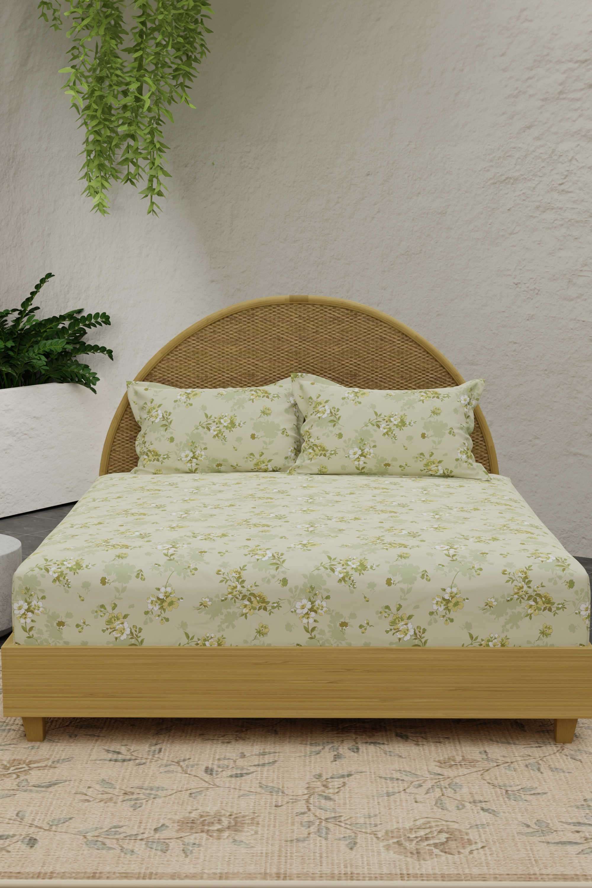 Nature-Bouquet-300-TC-Green-Floral-King-Bedsheet-with-2-Pillow-Covers-(Green-Apple-Aroma)