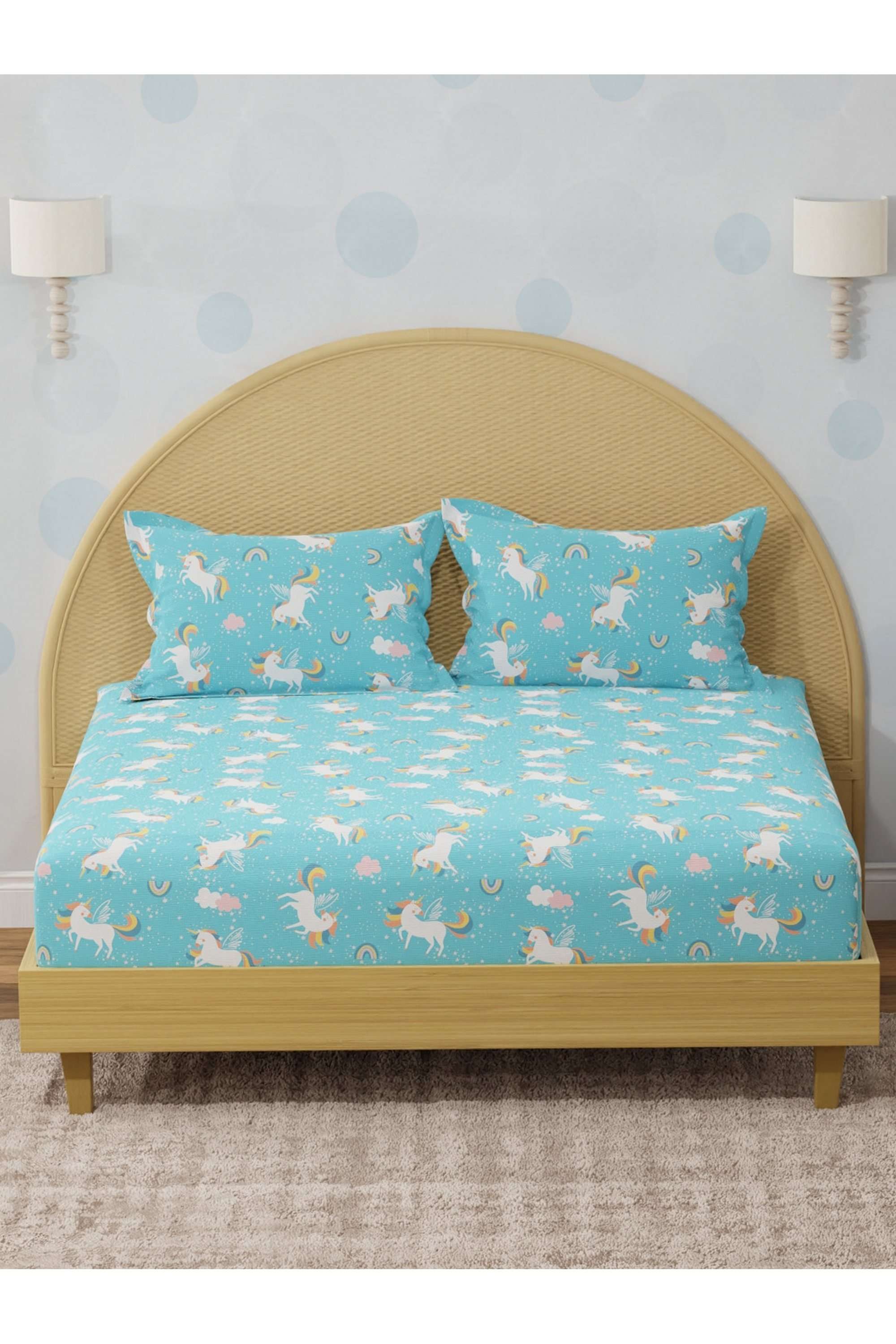 Rock-N-Room-100--Cotton-200-TC-Blue-Unicorn-Printed-King-Fitted-Sheet-Set-for-Kids