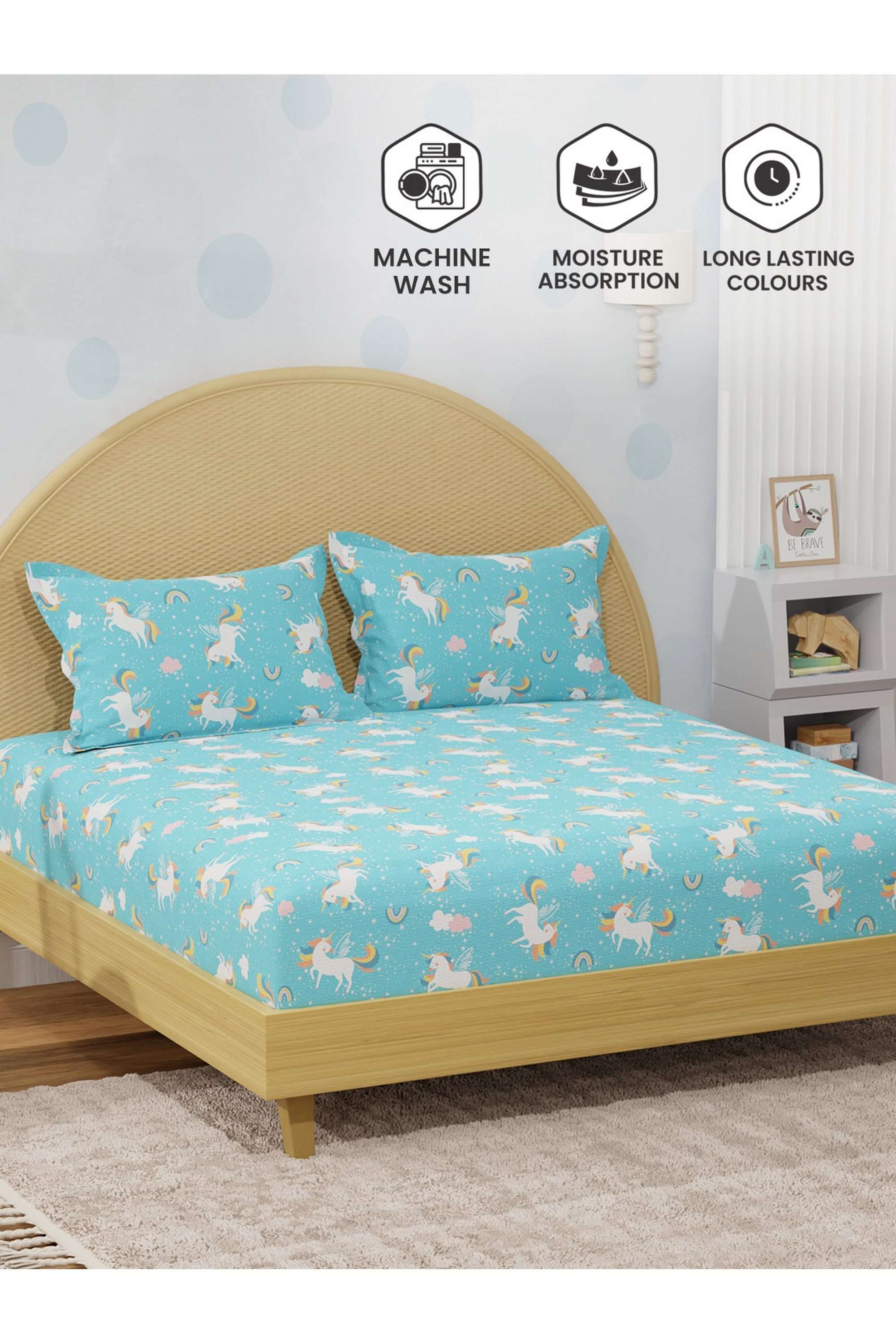 Rock-N-Room-100--Cotton-200-TC-Blue-Unicorn-Printed-King-Fitted-Sheet-Set-for-Kids