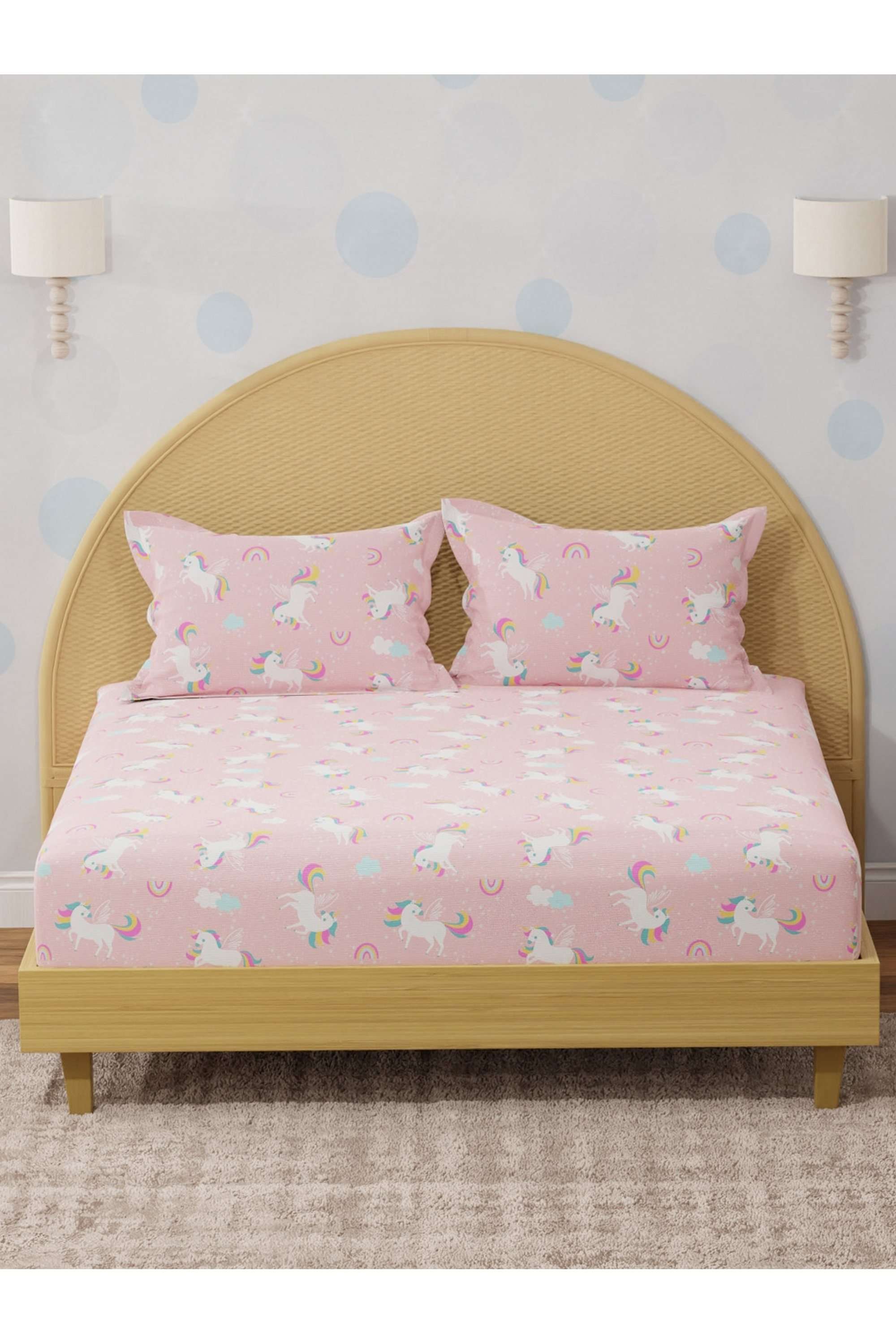 Rock-N-Room-100--Cotton-200-TC-Pink-Unicorn-Printed-King-Fitted-Sheet-Set-for-Kids