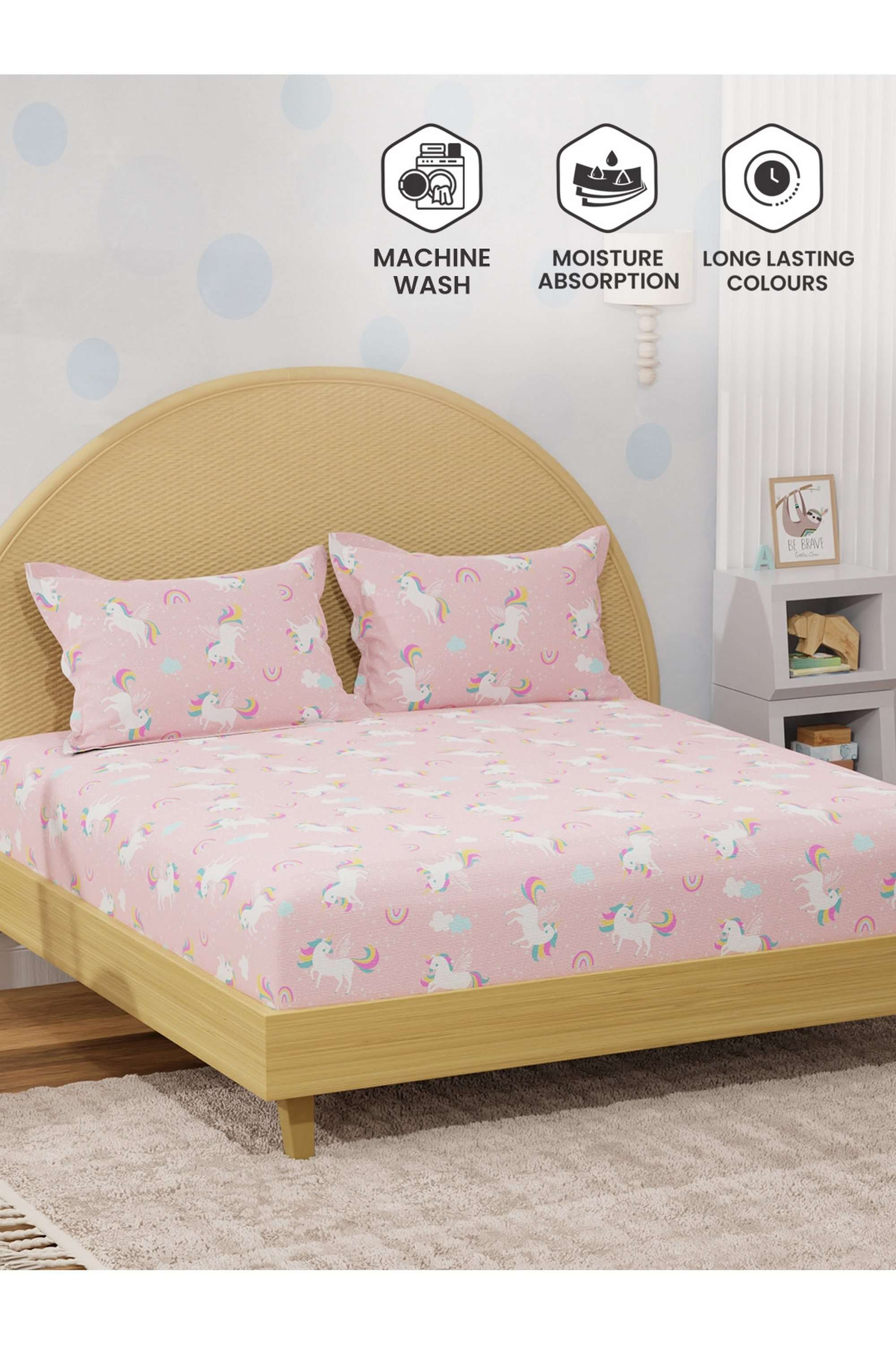 Rock-N-Room-100--Cotton-200-TC-Pink-Unicorn-Printed-King-Fitted-Sheet-Set-for-Kids