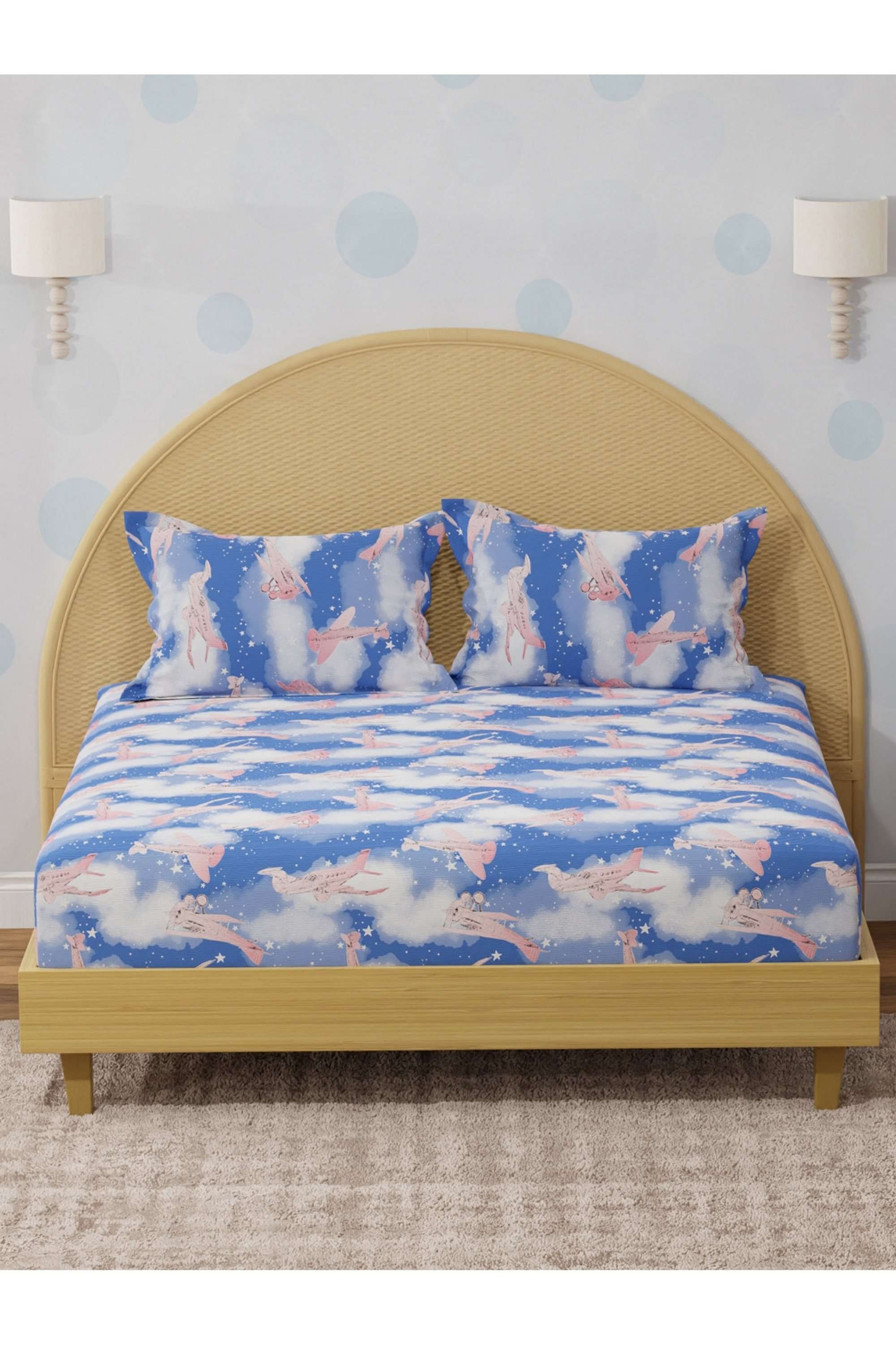 Rock-N-Room-100--Cotton-200-TC-Blue-Airplane-Printed-King-Fitted-Sheet-Set-for-Kids