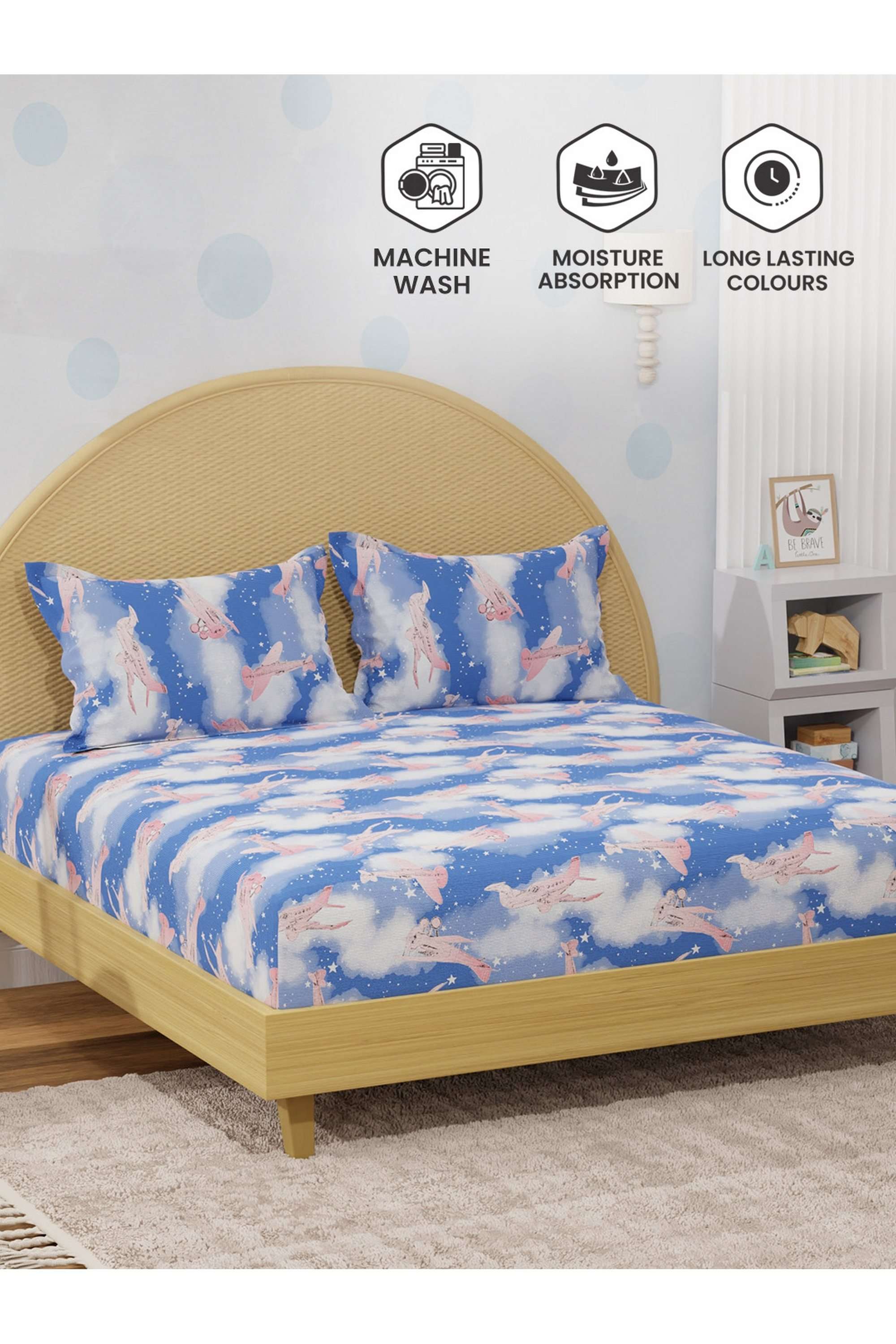 Rock-N-Room-100--Cotton-200-TC-Blue-Airplane-Printed-King-Fitted-Sheet-Set-for-Kids