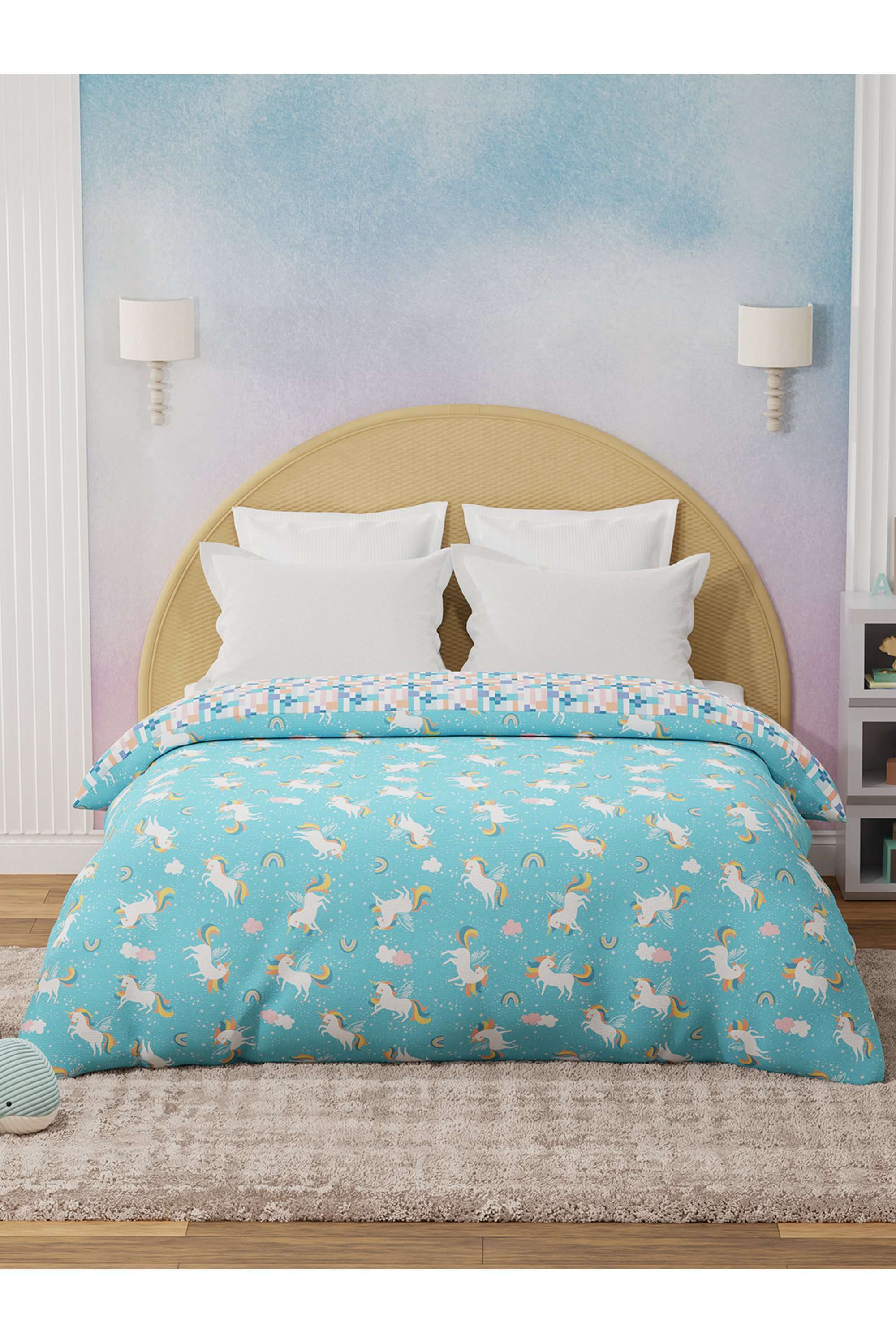 Rock-N-Room-100--Cotton-200-TC-Blue-Unicorn-Printed-Reversible-Double-Comforter