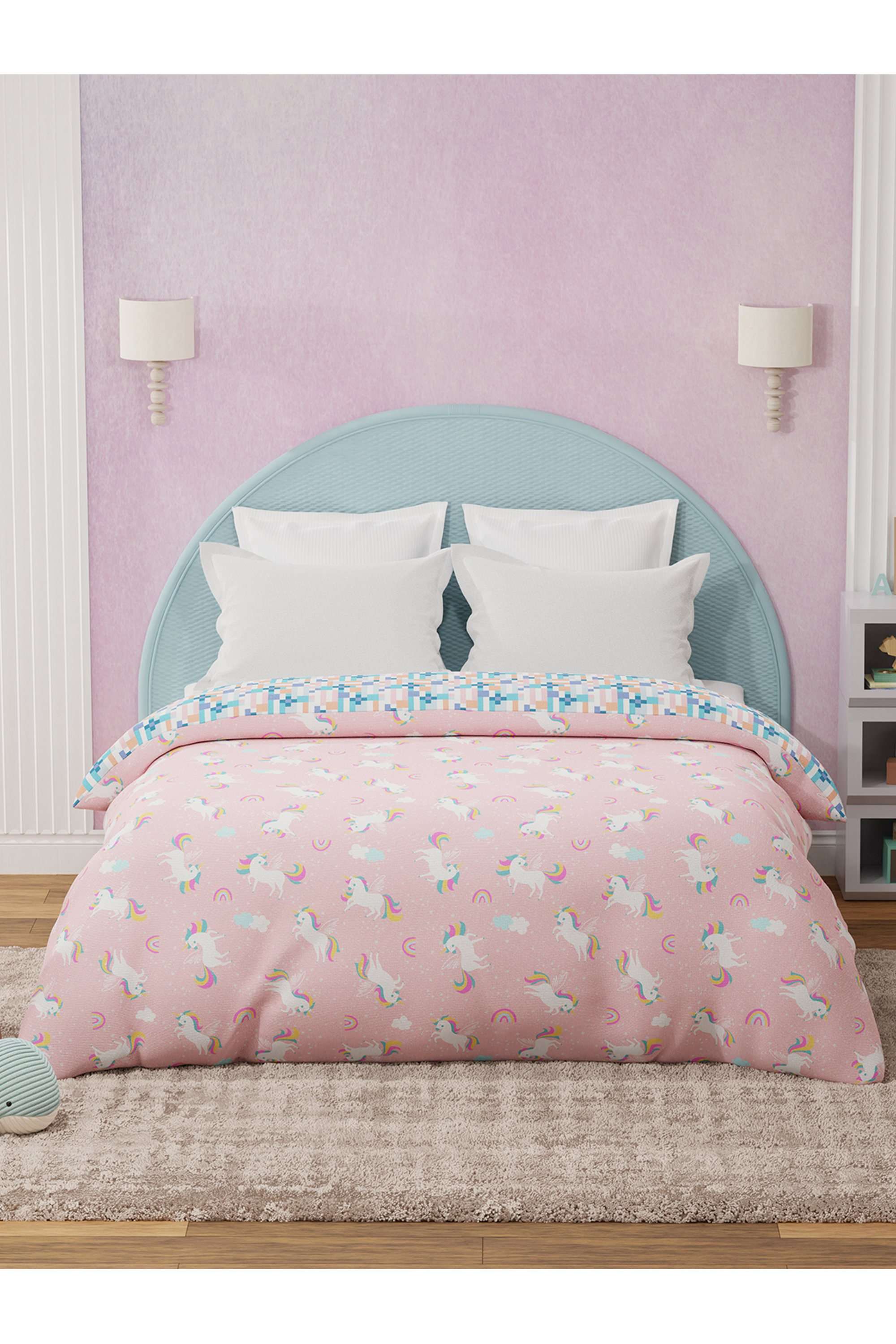 Rock-N-Room-100--Cotton-200-TC-Pink-Unicorn-Printed-Reversible-Double-Comforter