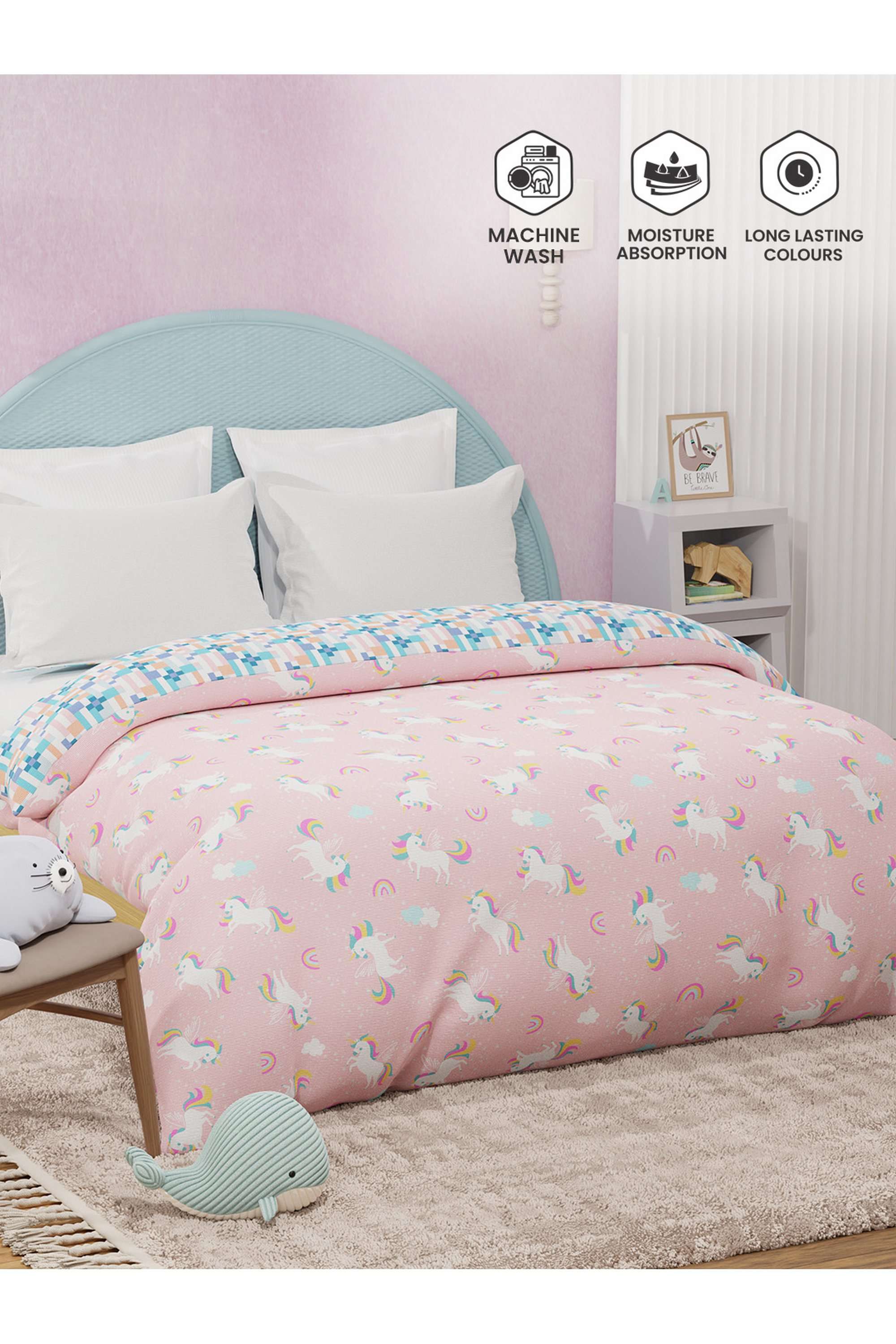 Rock-N-Room-100--Cotton-200-TC-Pink-Unicorn-Printed-Reversible-Double-Comforter