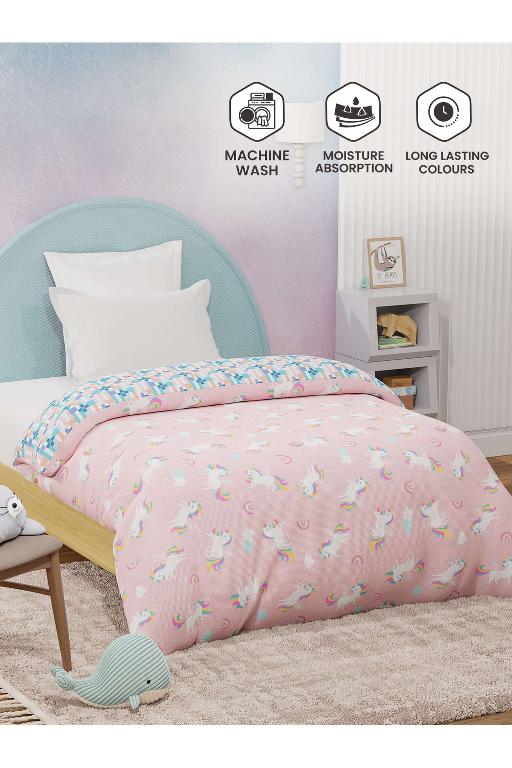 Rock-N-Room-100--Cotton-200-TC-Pink-Unicorn-Printed-Reversible-Single-Comforter