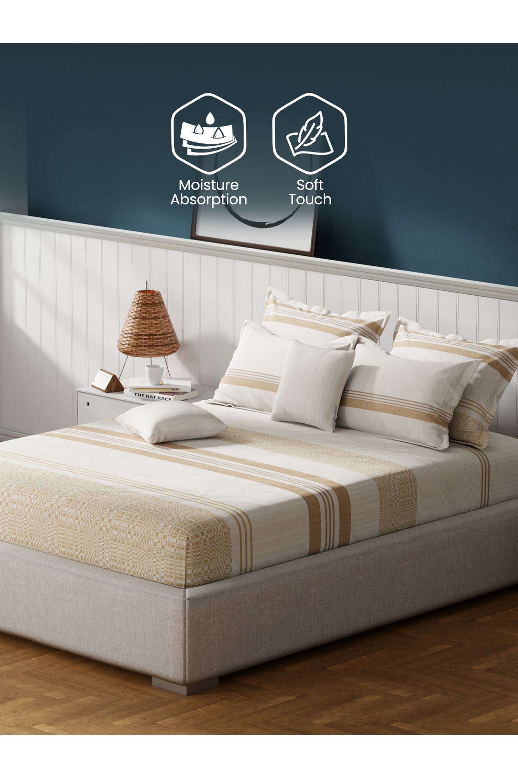 Royal-Essence-Fashion-Colours-100--Cotton-400-TC-Beige-&-White-Geometrical-King-Bedsheet-Set