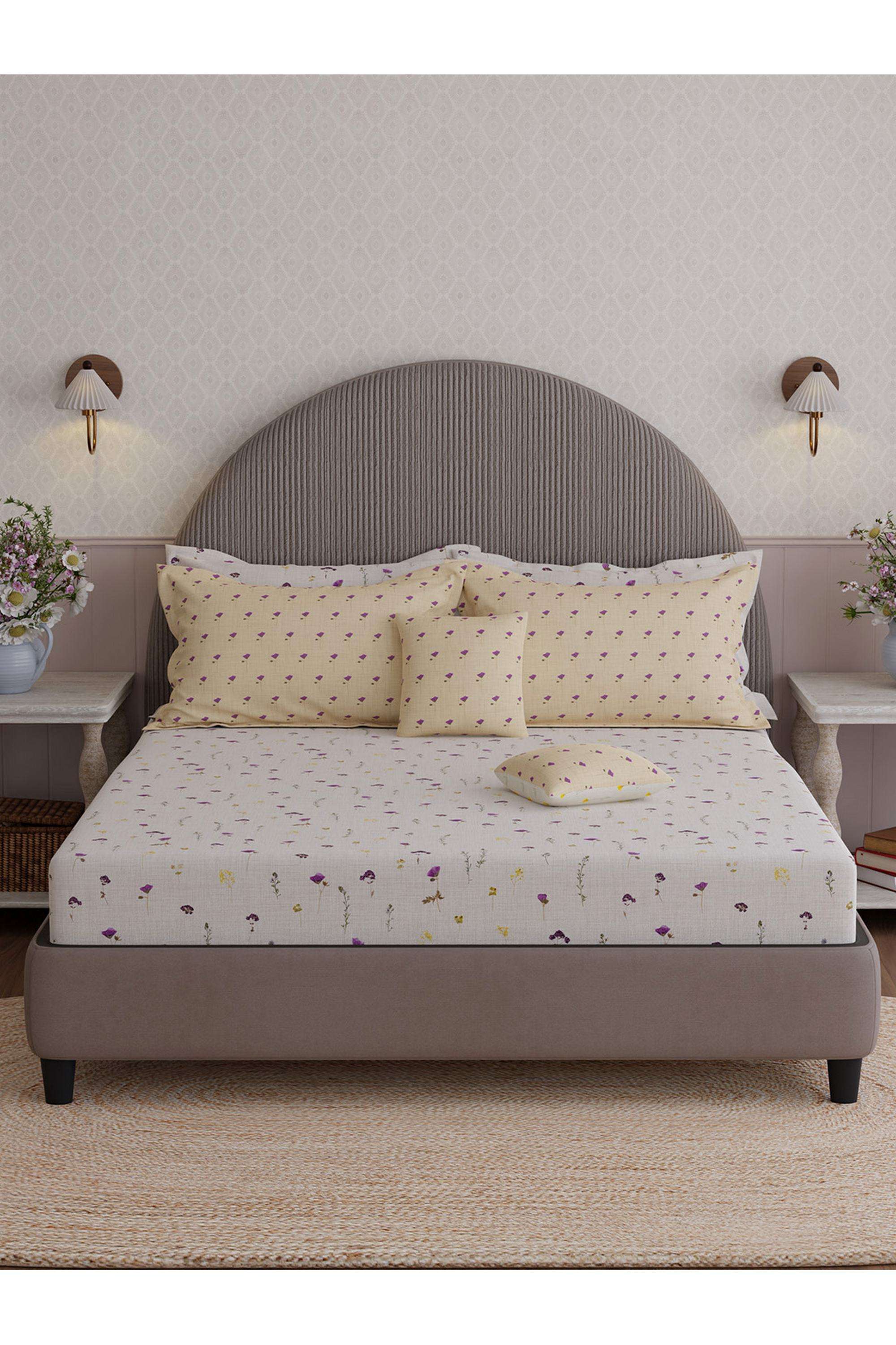 Royal-Essence-Nature-Poetry-100--Cotton-400-TC-White-&-Purple-Floral-King-Bedsheet-Set