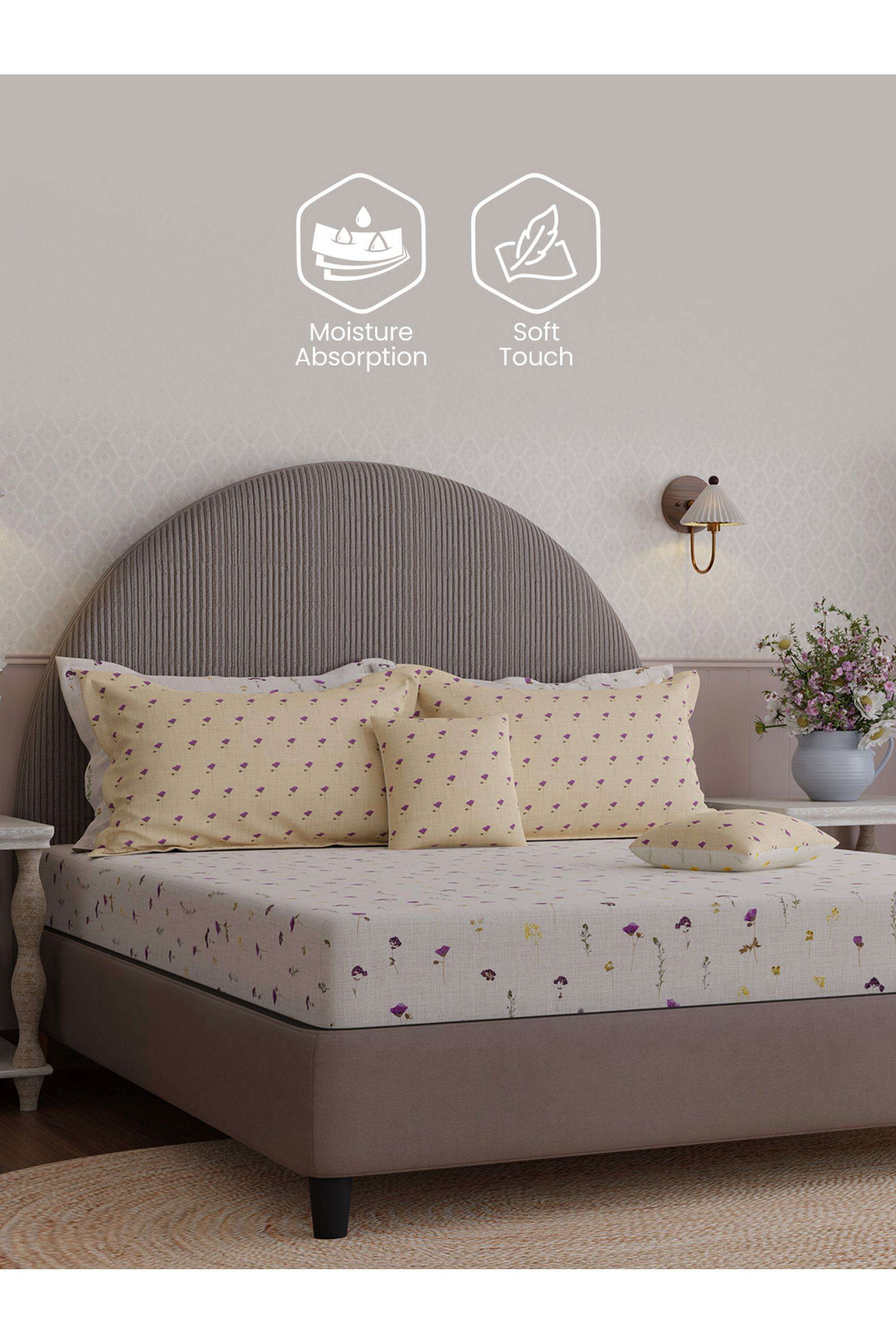 Royal-Essence-Nature-Poetry-100--Cotton-400-TC-White-&-Purple-Floral-King-Bedsheet-Set