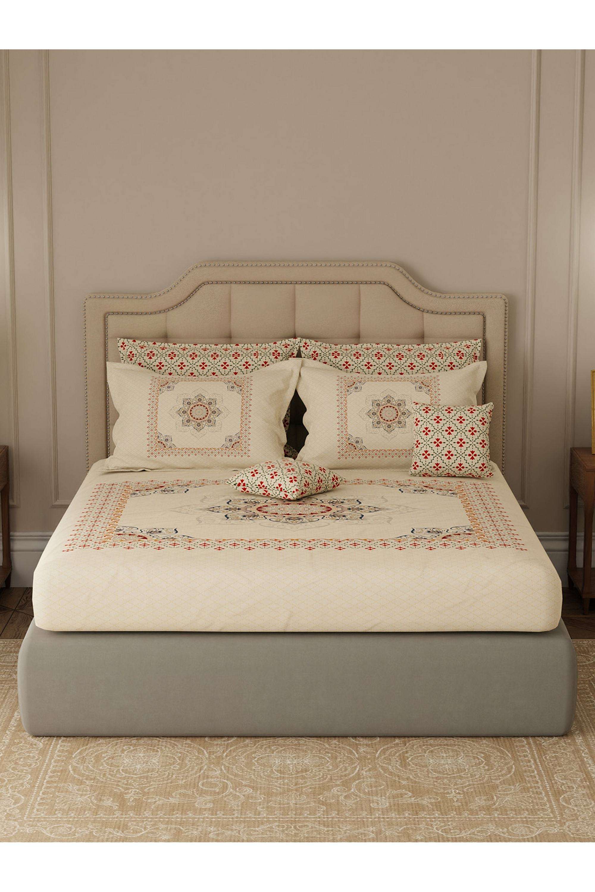 Royal-Essence-Kashmir-100--Cotton-400-TC-Beige-Ethnic-Print-King-Bedsheet-Set