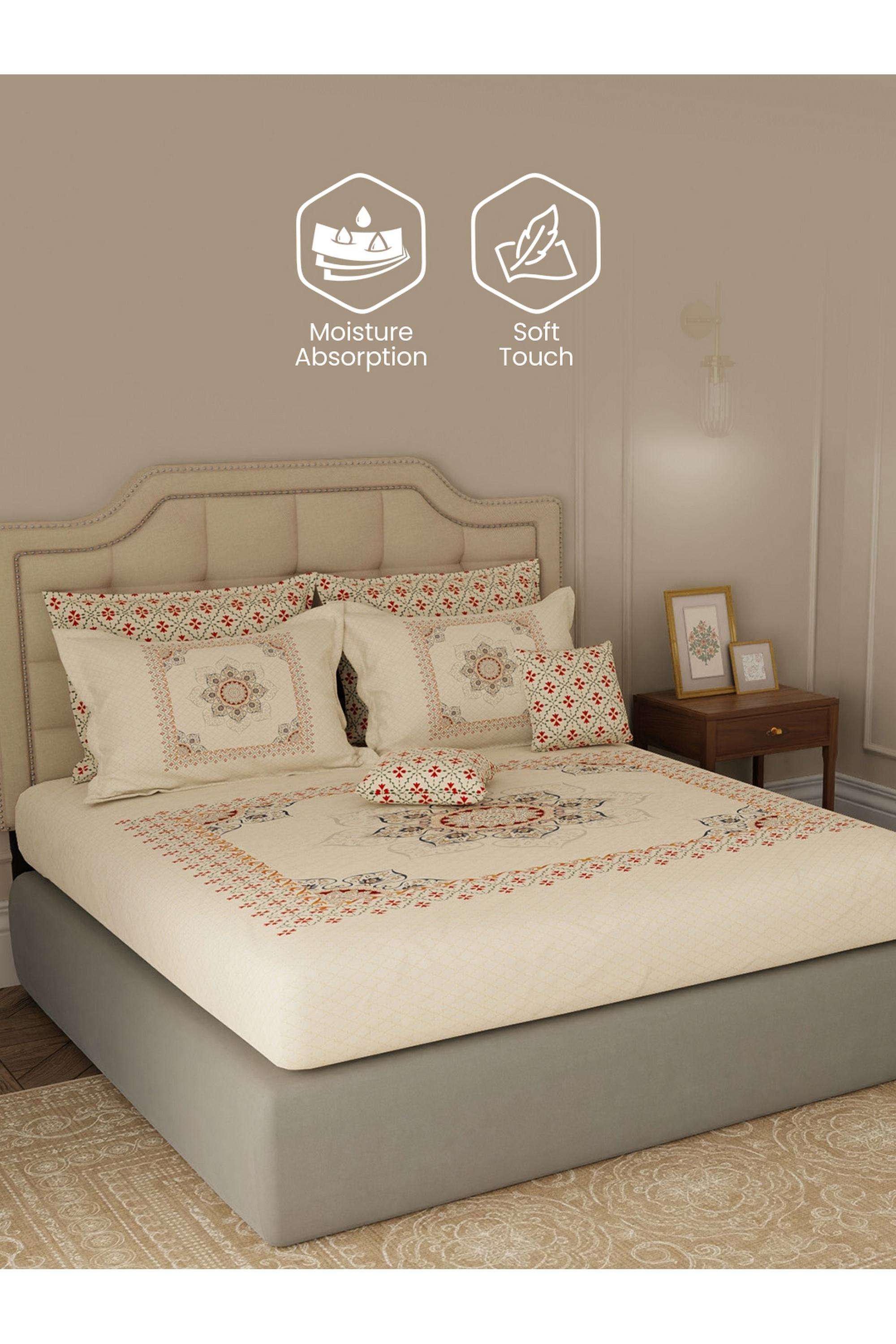 Royal-Essence-Kashmir-100--Cotton-400-TC-Beige-Ethnic-Print-King-Bedsheet-Set