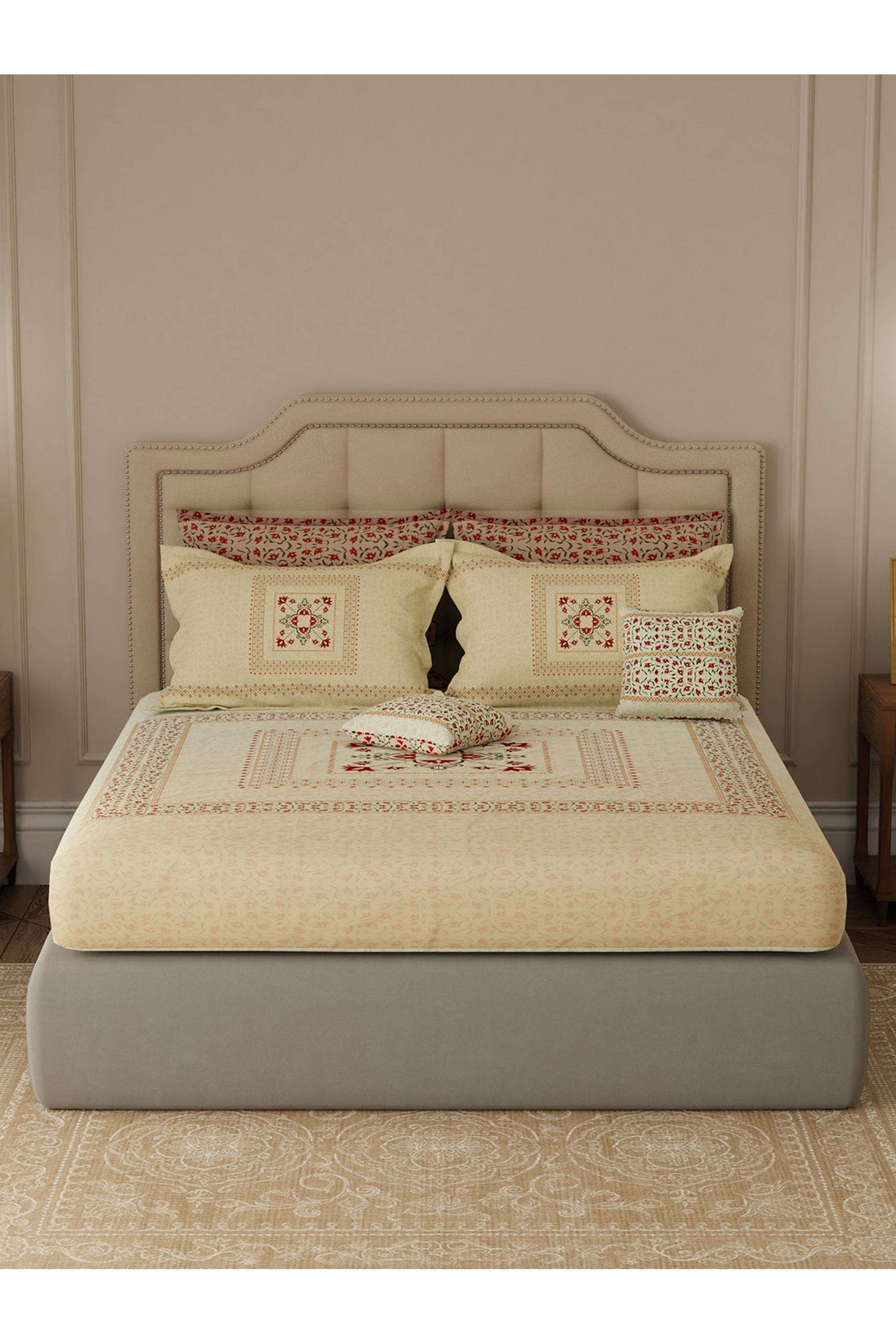 Royal-Essence-Kashmir-100--Cotton-400-TC-Beige-&-Red-Ethnic-Print-King-Bedsheet-Set