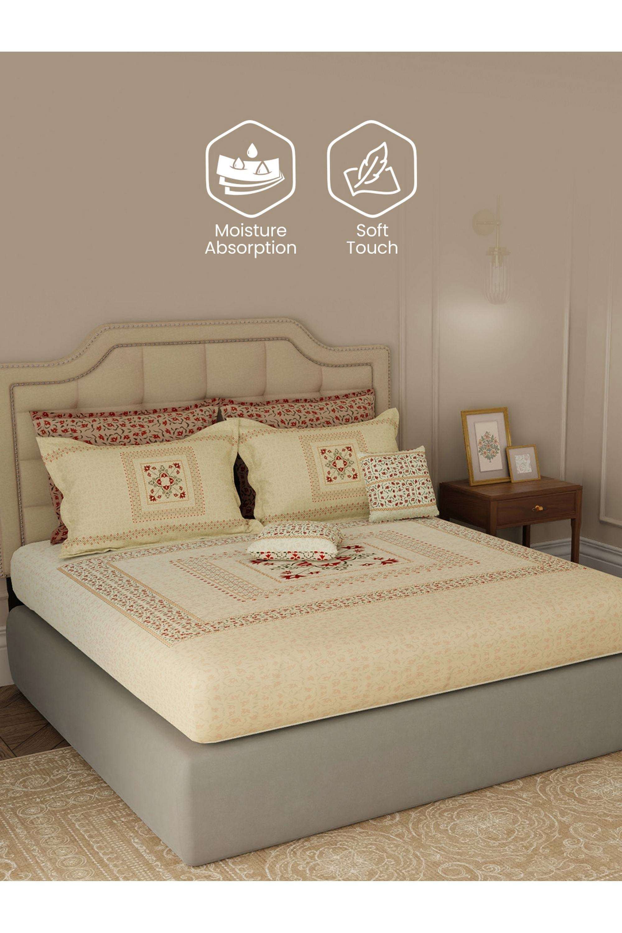Royal-Essence-Kashmir-100--Cotton-400-TC-Beige-&-Red-Ethnic-Print-King-Bedsheet-Set