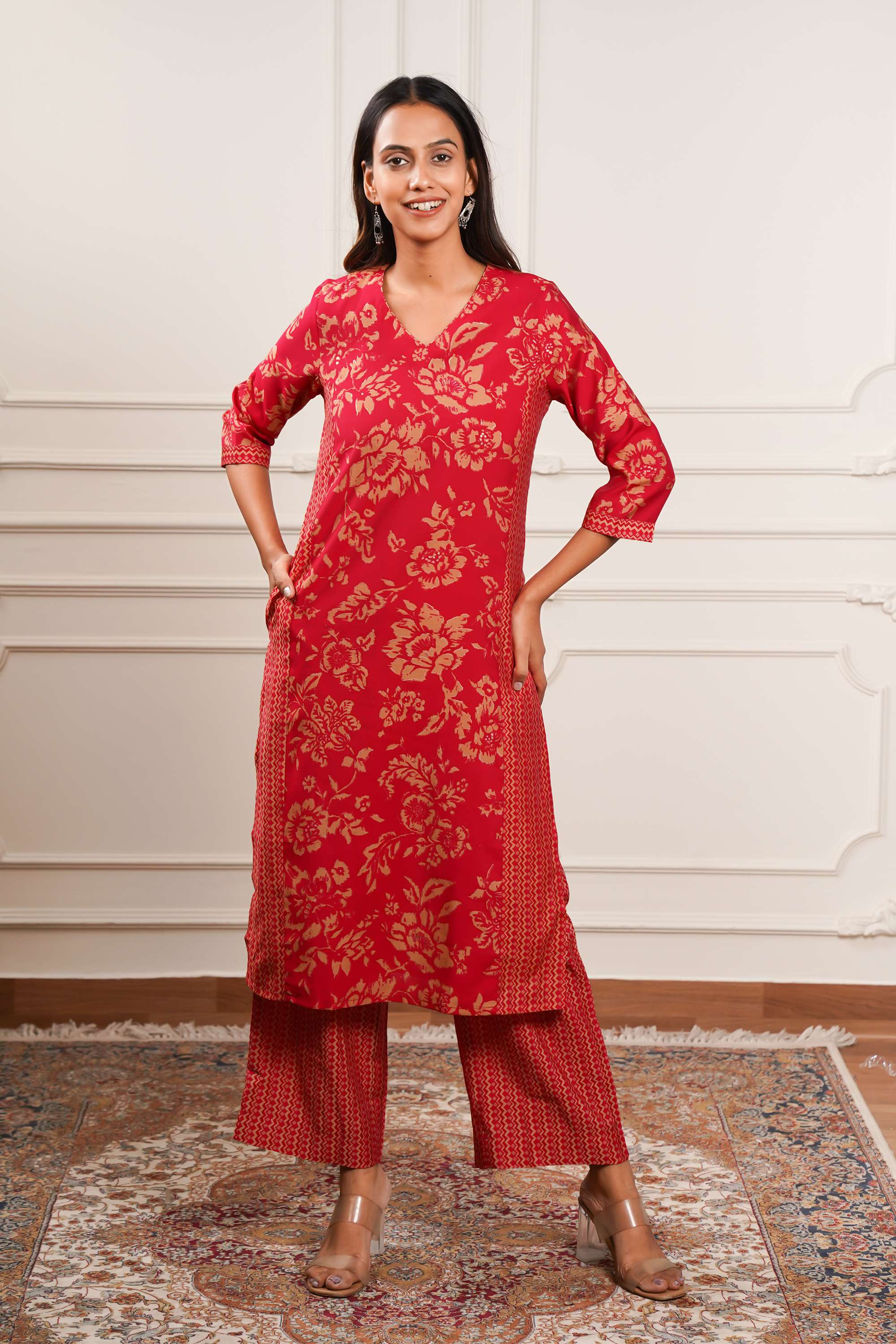 Floral-V-Neck-Blended-Fabric-Women-Co-Ord-Set