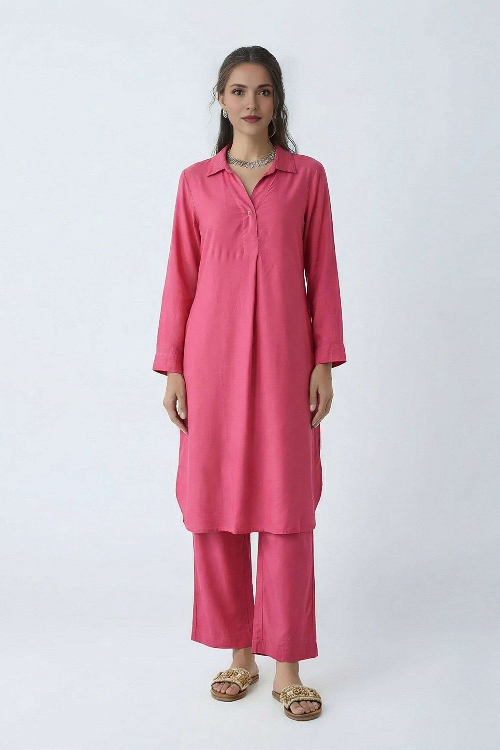 Solid-Blended-Fabric-Collared-Women-Casual-Wear-Kurta