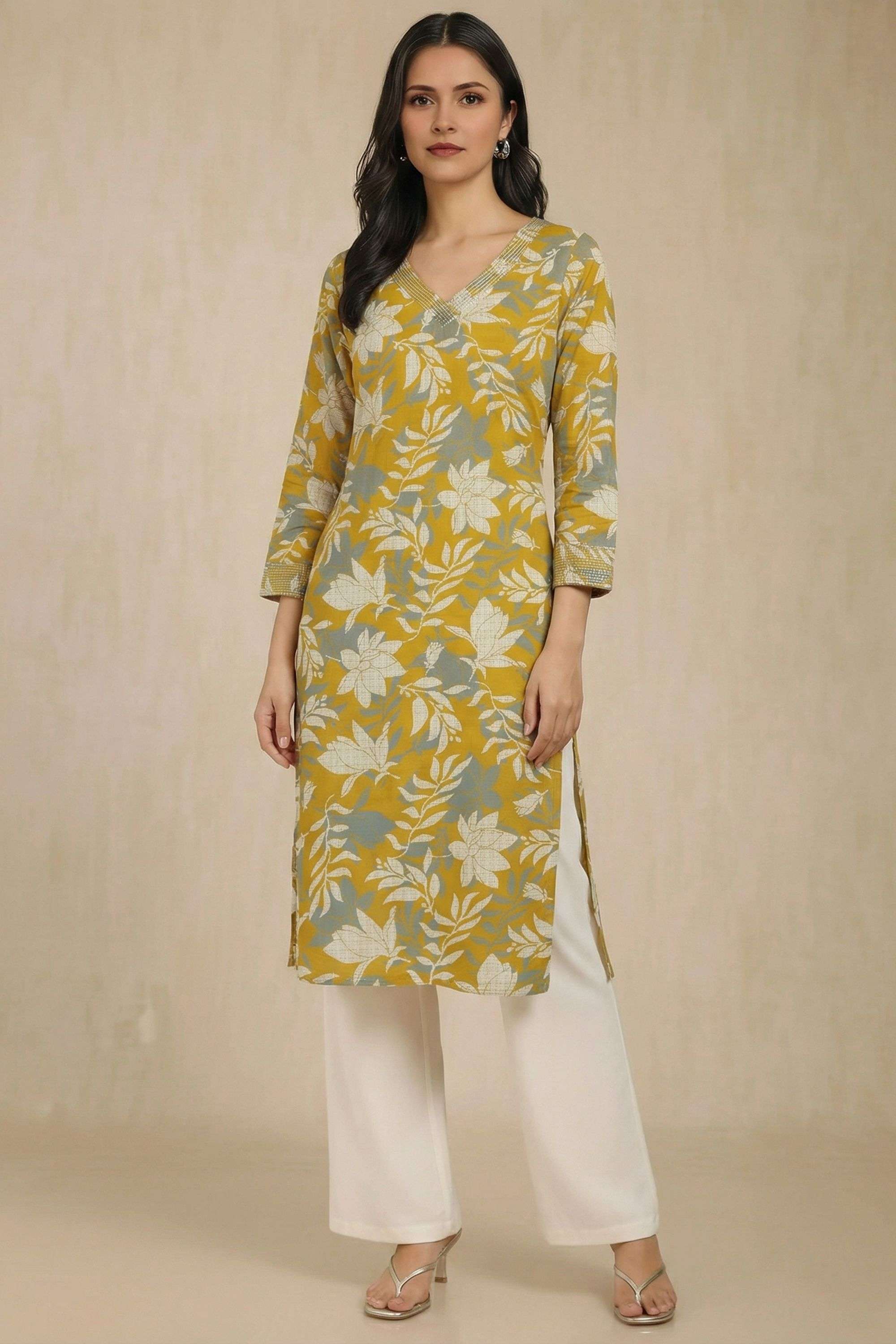 Printed-Blended-Fabric-V-Neck-Women-s-Casual-Wear-Kurta