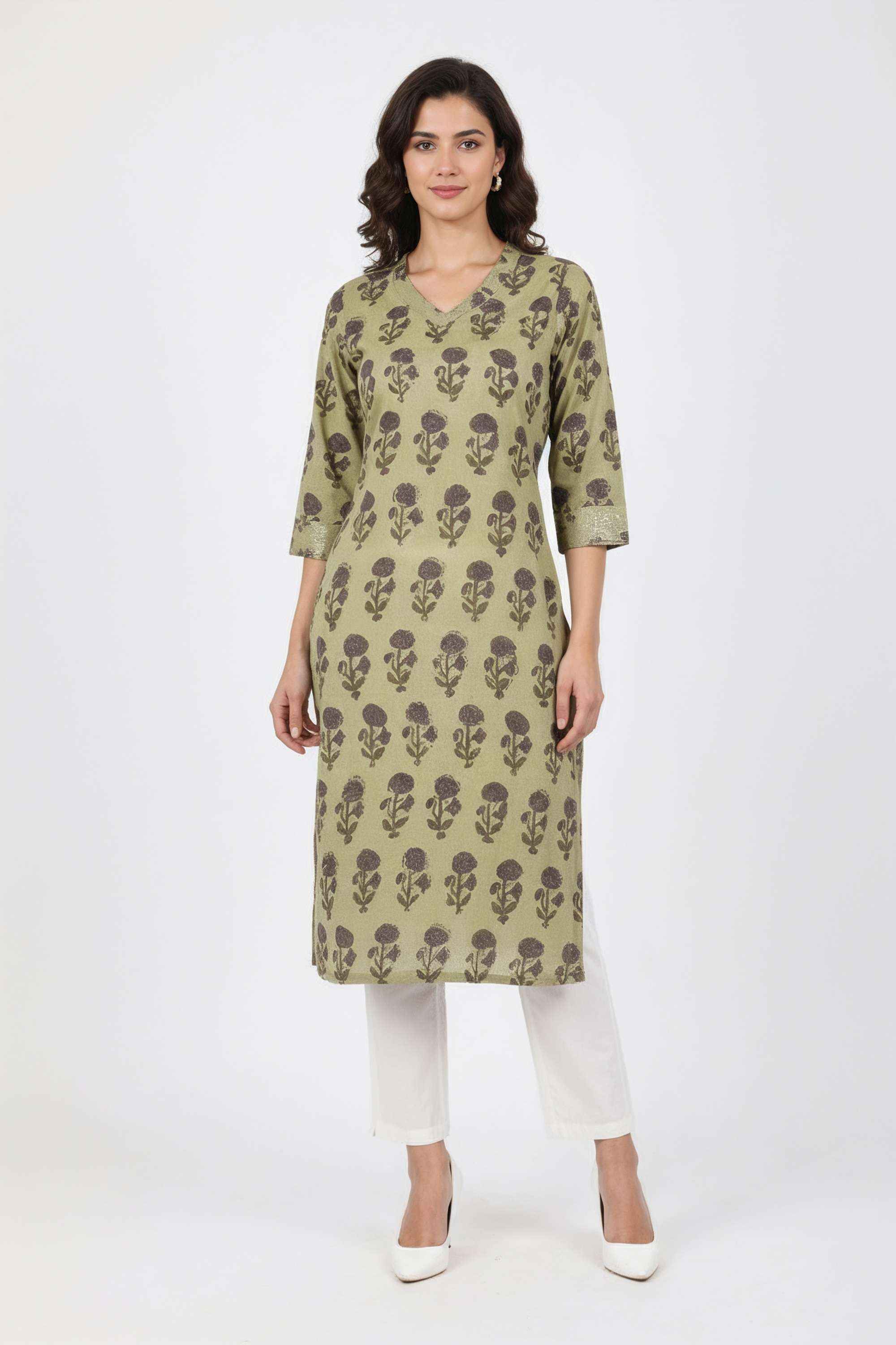 Printed-Blended-Fabric-V-Neck-Women-s-Casual-Wear-Kurta