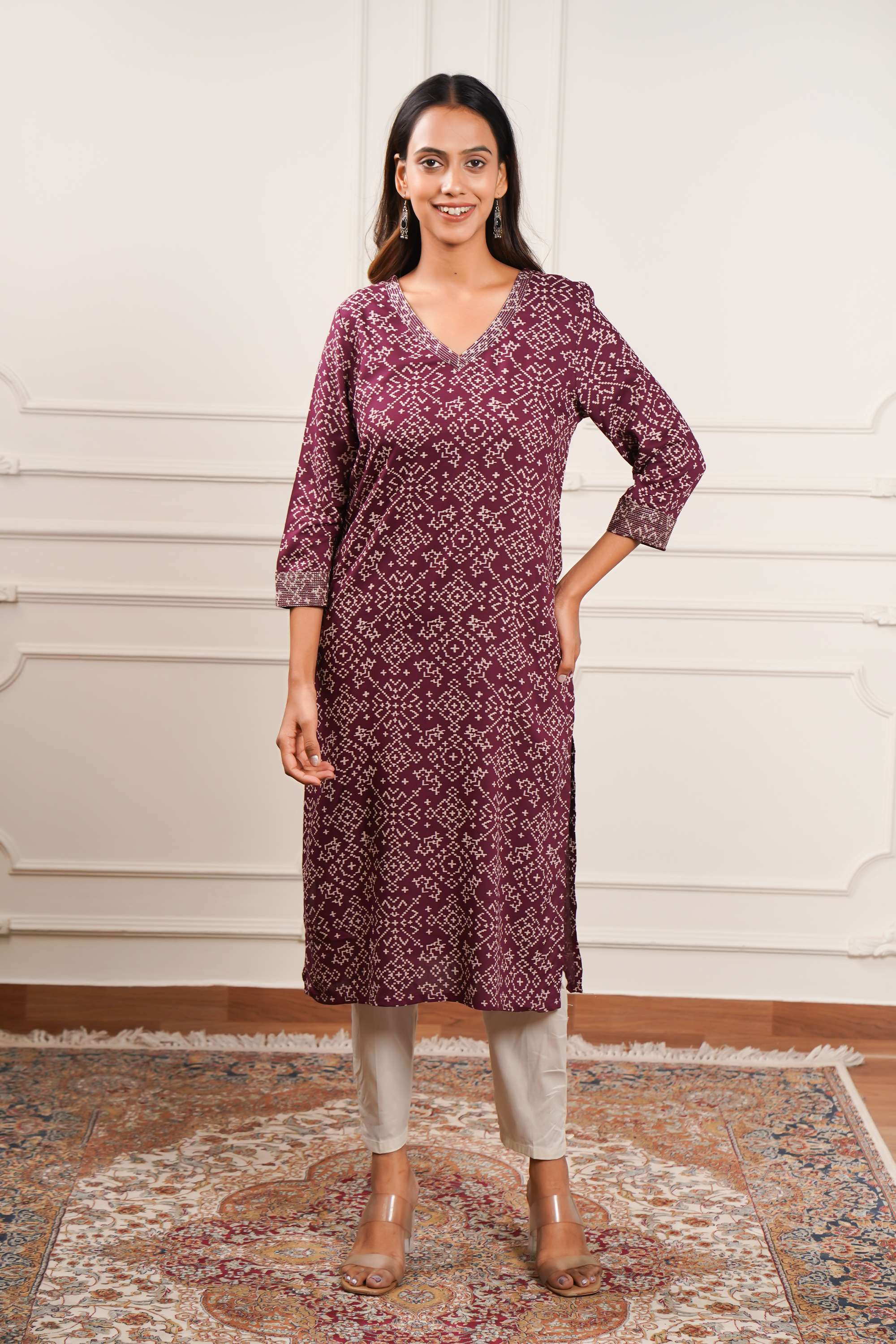 Block-Print-Rayon-V-Neck-Women-Casual-Wear-Kurta