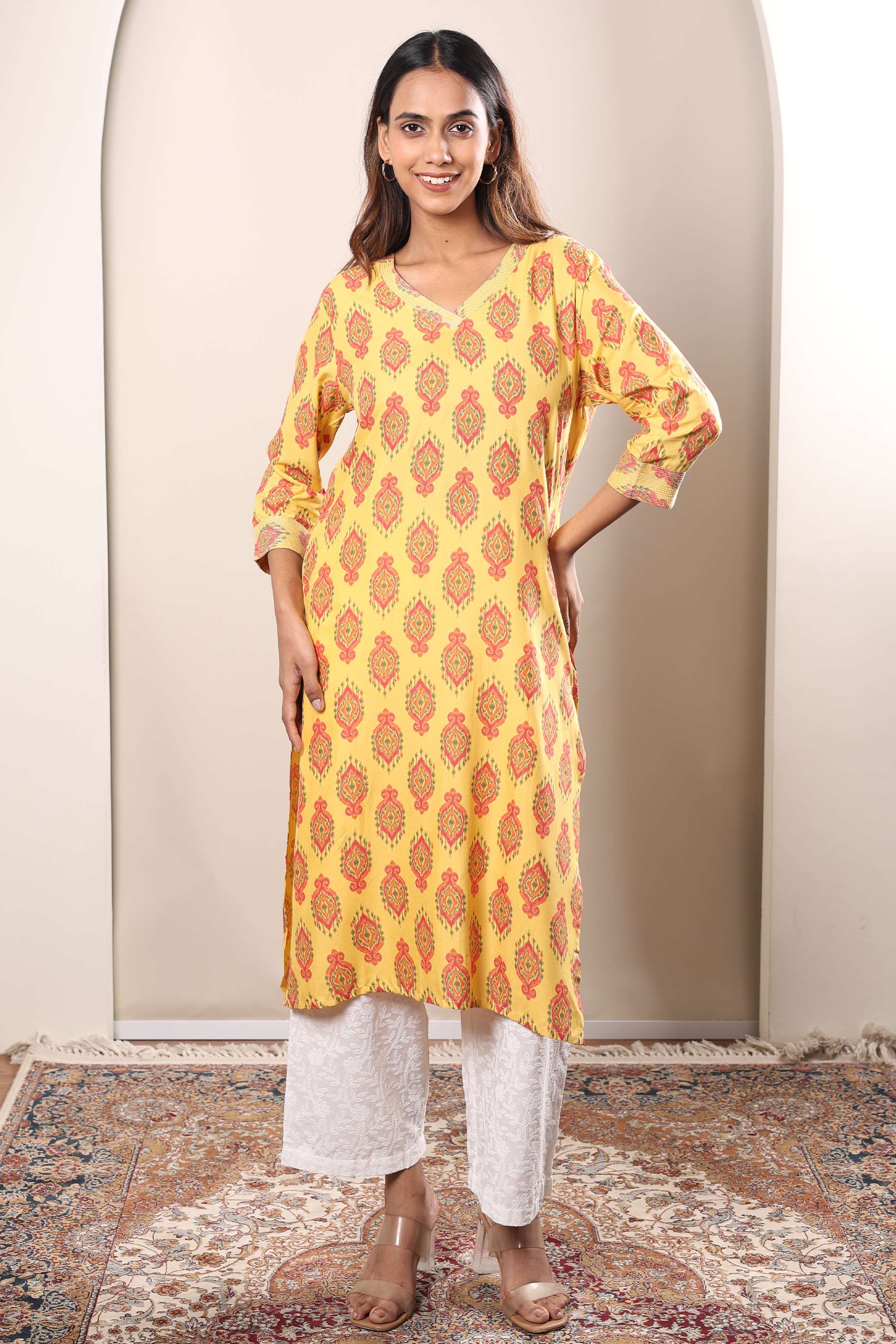 Printed-Rayon-V-Neck-Women-s-Casual-Wear-Kurta