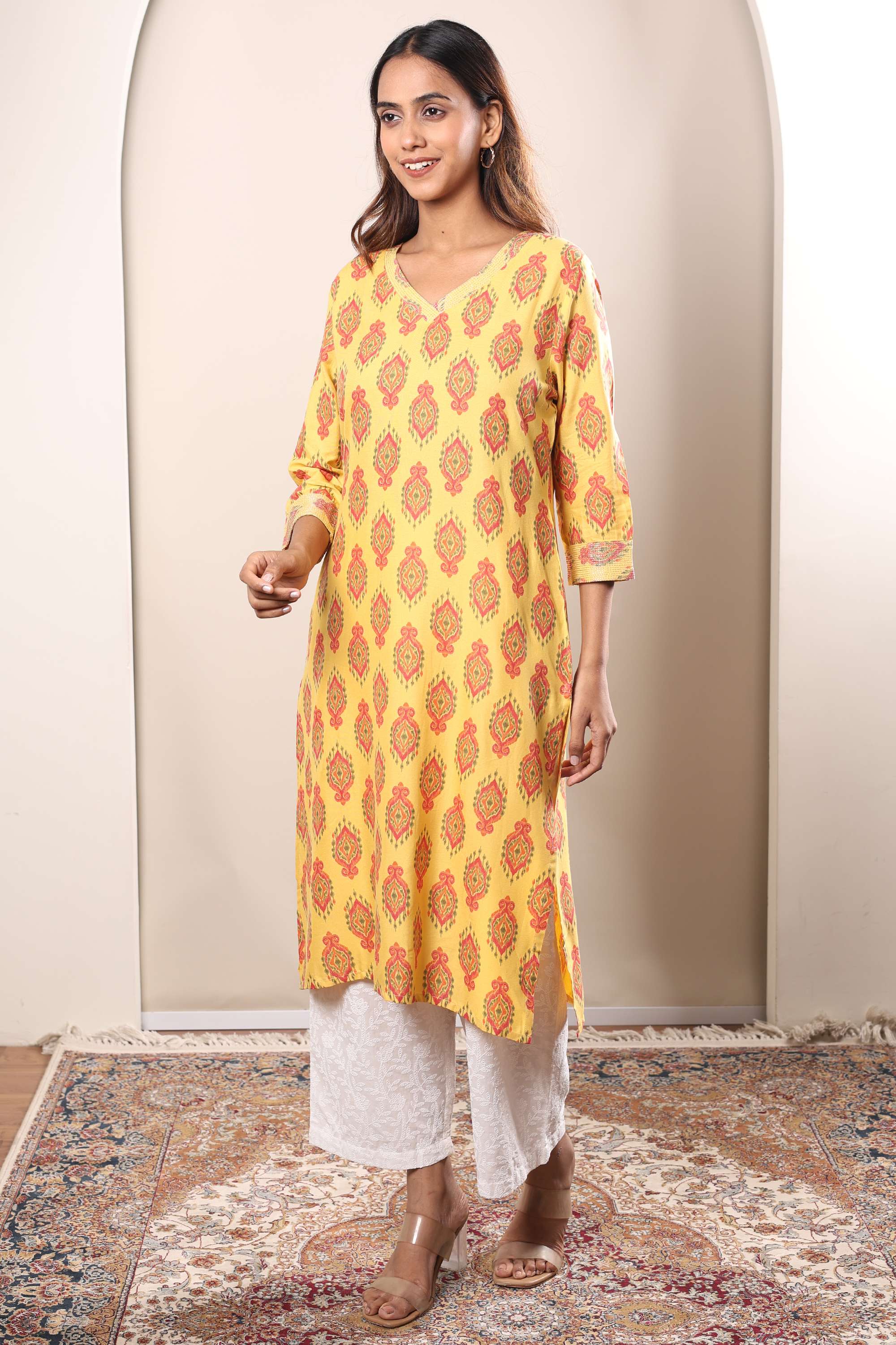 Printed-Rayon-V-Neck-Women-s-Casual-Wear-Kurta