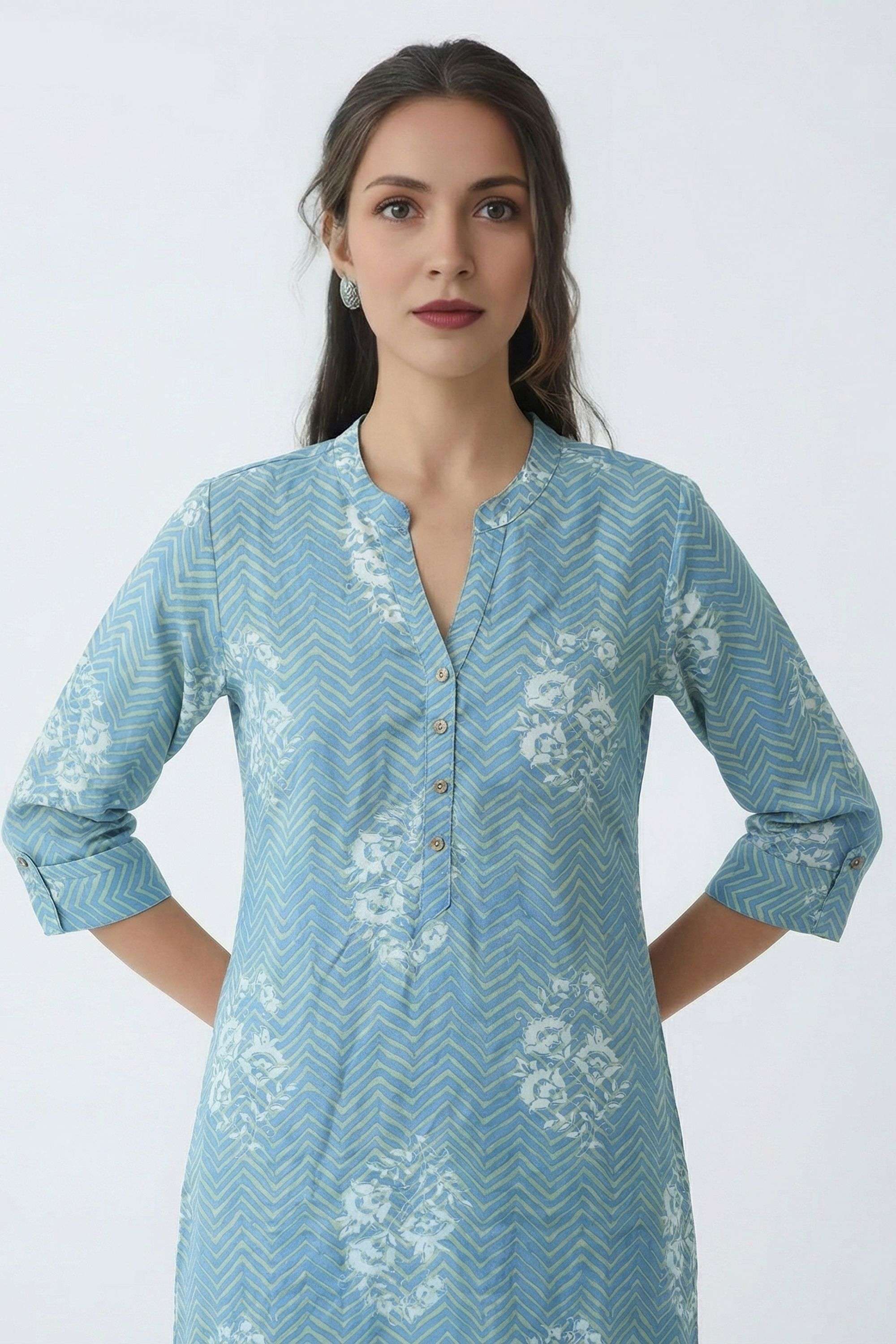 Chevron-Rayon-Henley-Women-Casual-Wear-Kurta