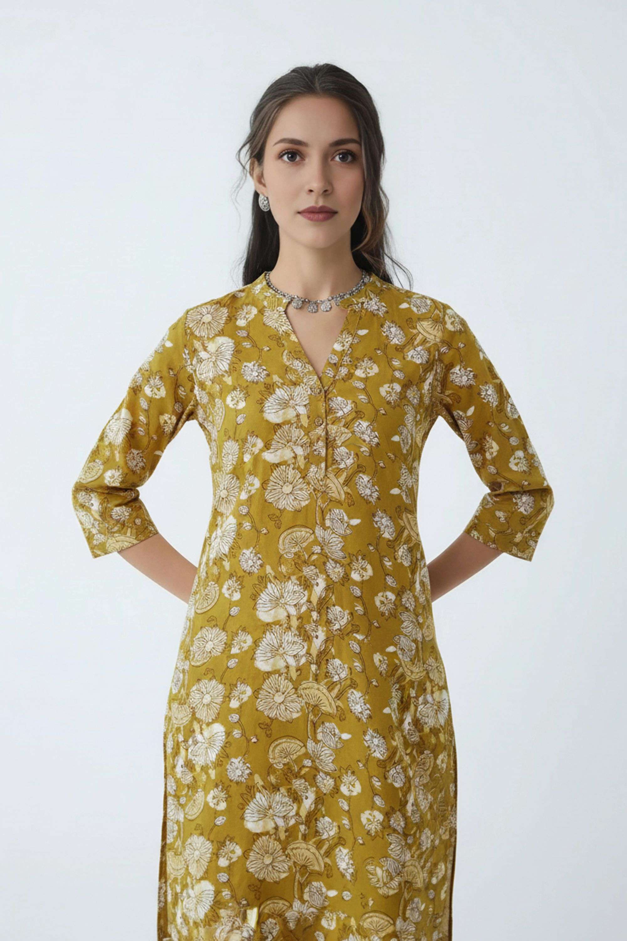 Printed-Rayon-3/4-Sleeves-Straight-Fit-Everyday-WOMEN-Kurta