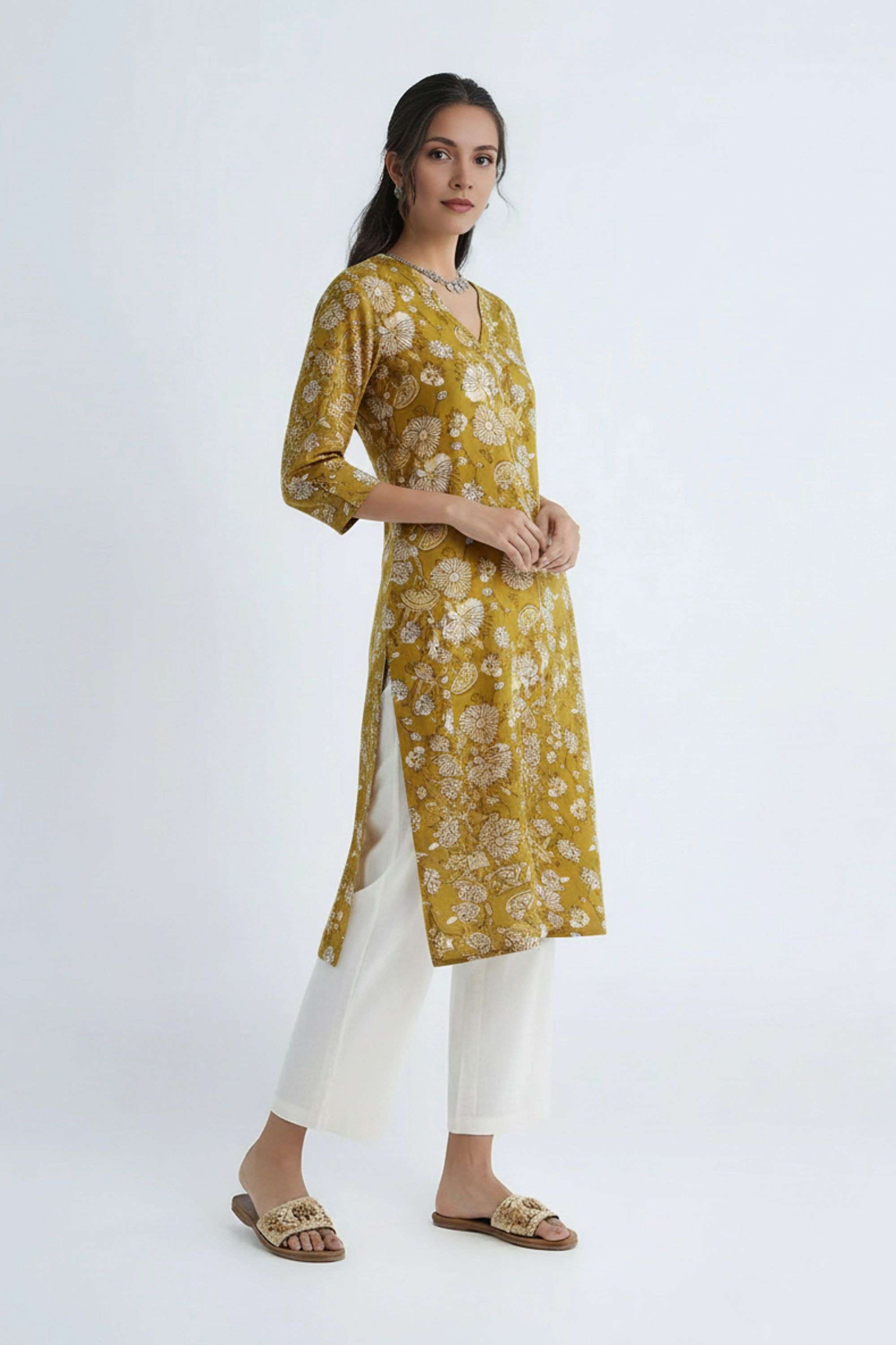 Printed-Rayon-3/4-Sleeves-Straight-Fit-Everyday-WOMEN-Kurta