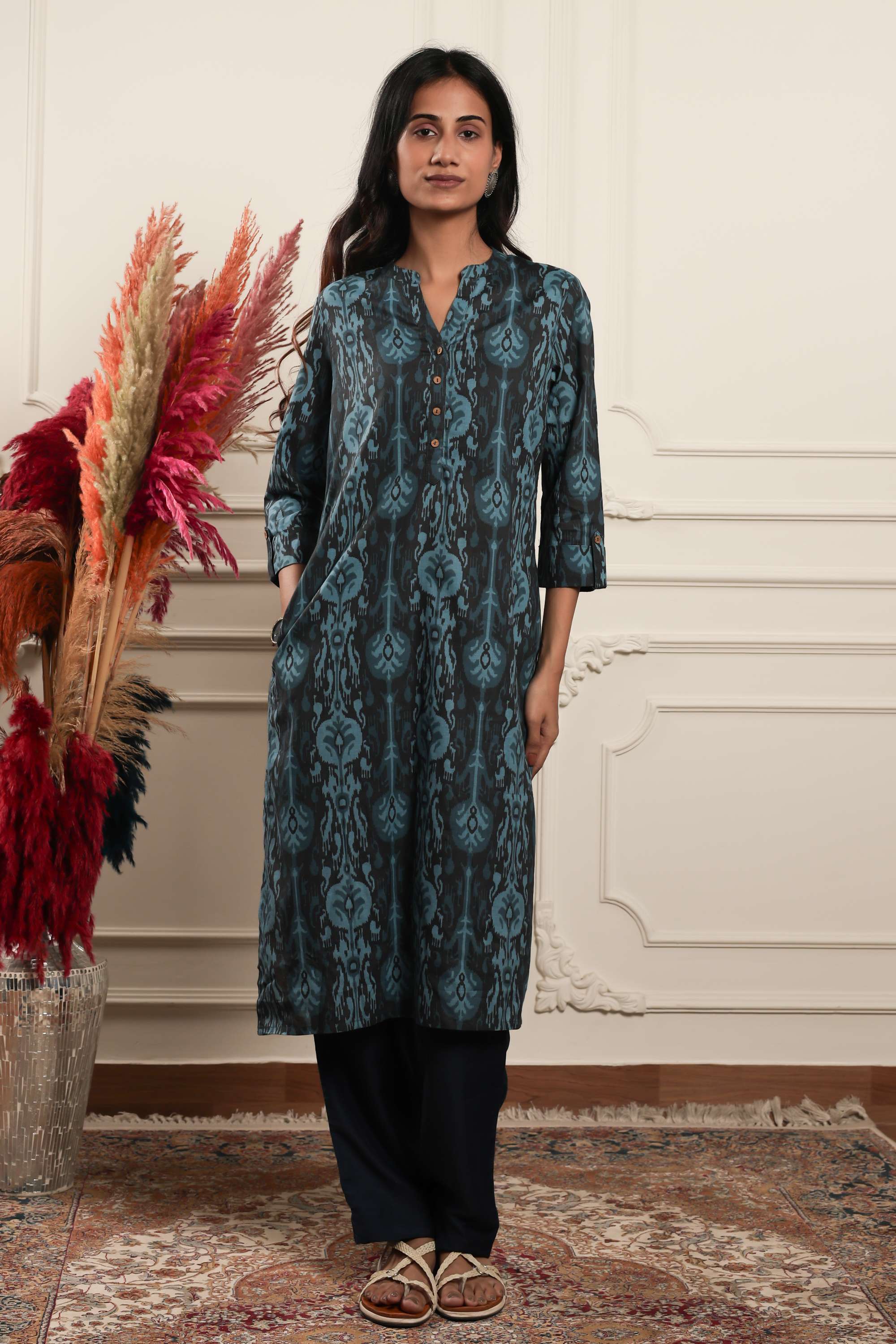 Printed-Blended-Fabric-Round-Neck-Women-s-Casual-Wear-Kurta