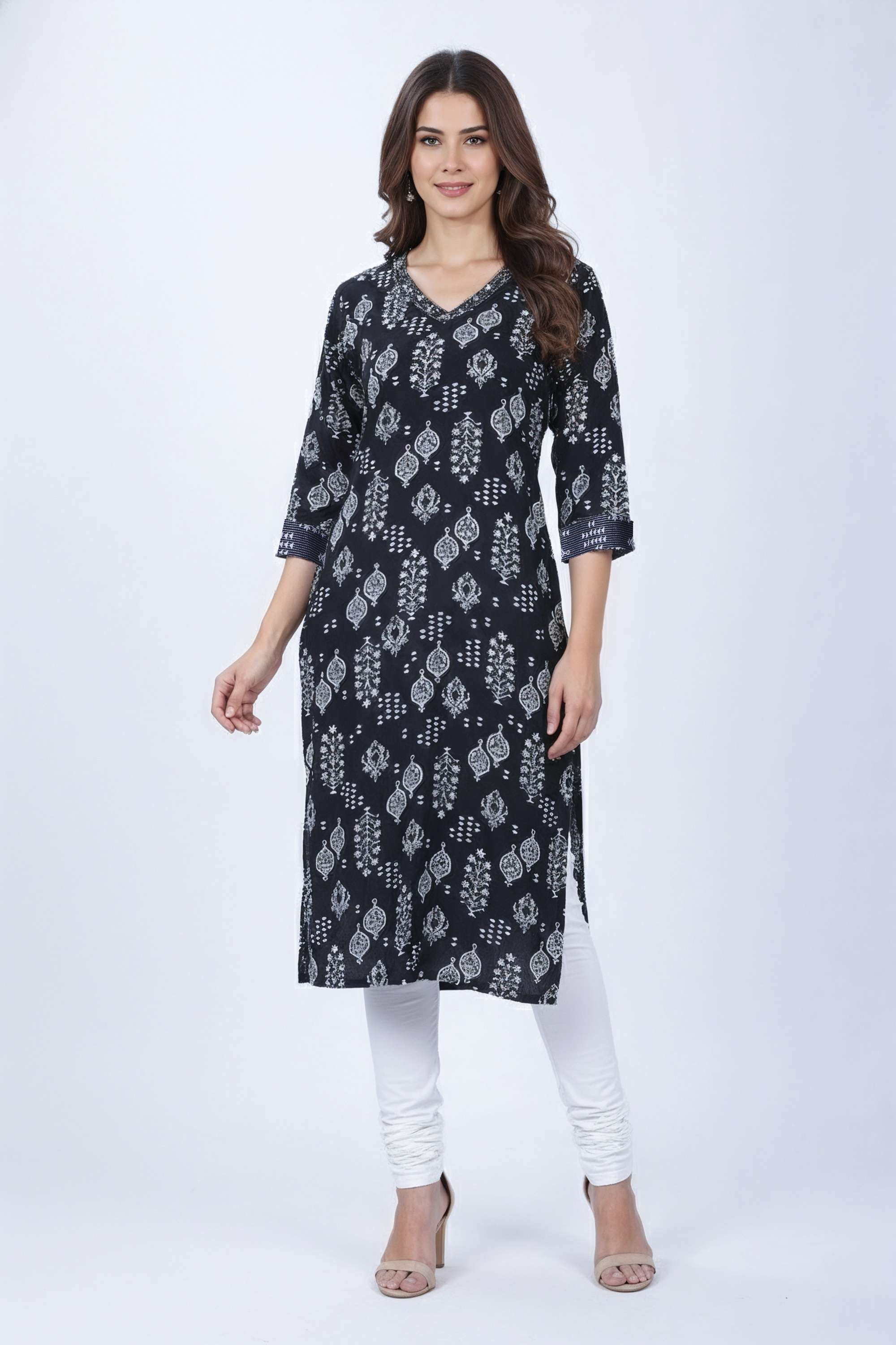 Printed-Blended-Fabric-V-Neck-Women-s-Festive-Wear-Kurta